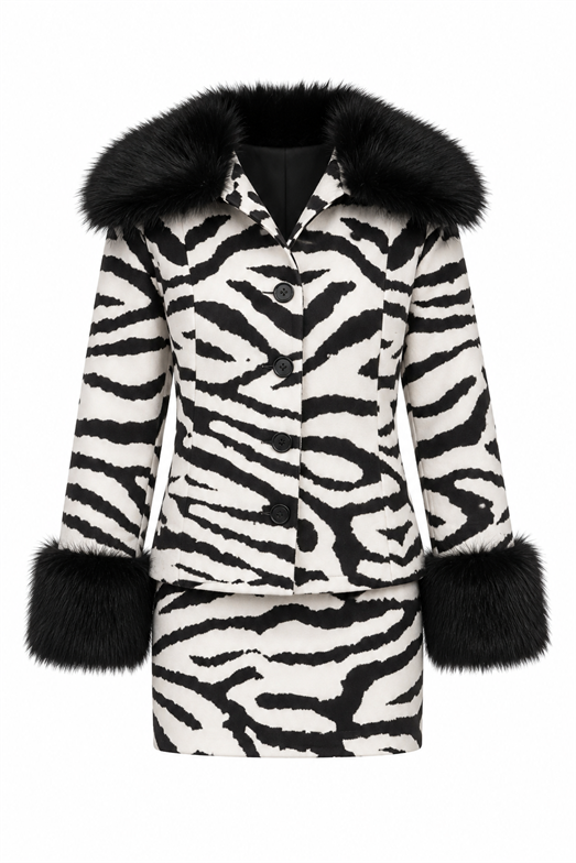 Zebra Desen Kürk Detaylı Ceket-Etek Takım
