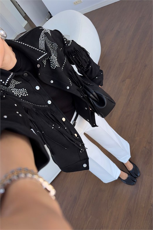 Zımbalı Ve Püsküllü Siyah Süet Western Ceket