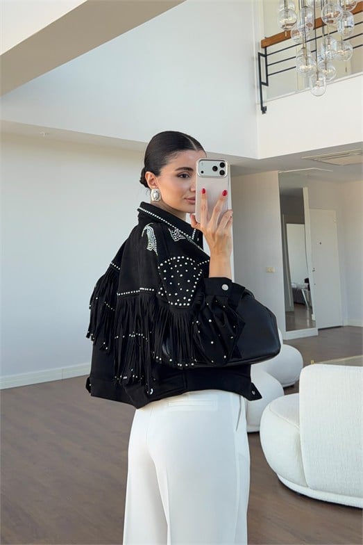 Zımbalı Ve Püsküllü Siyah Süet Western Ceket