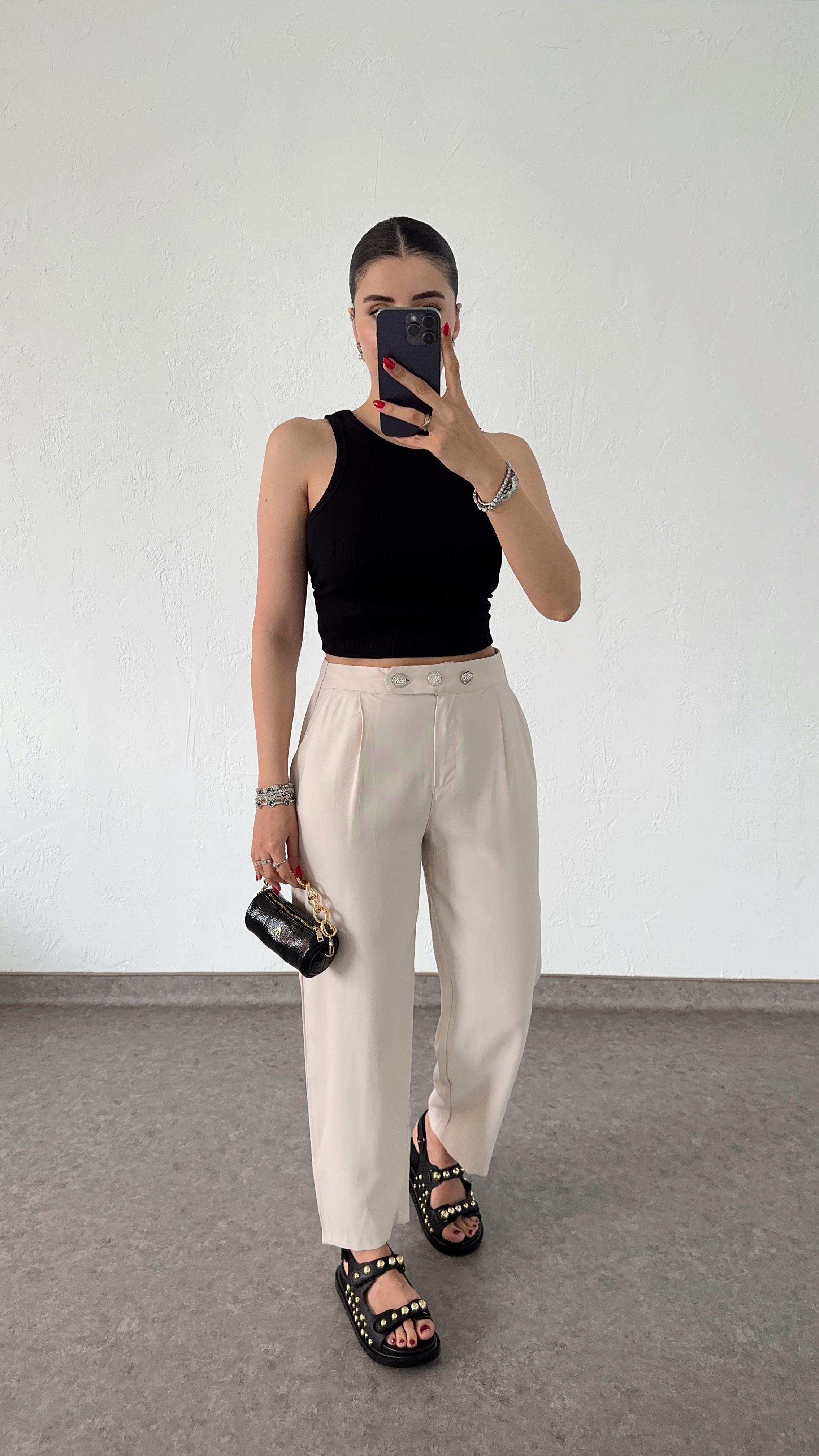 3 Düğmeli Tencel Krem Pantolon