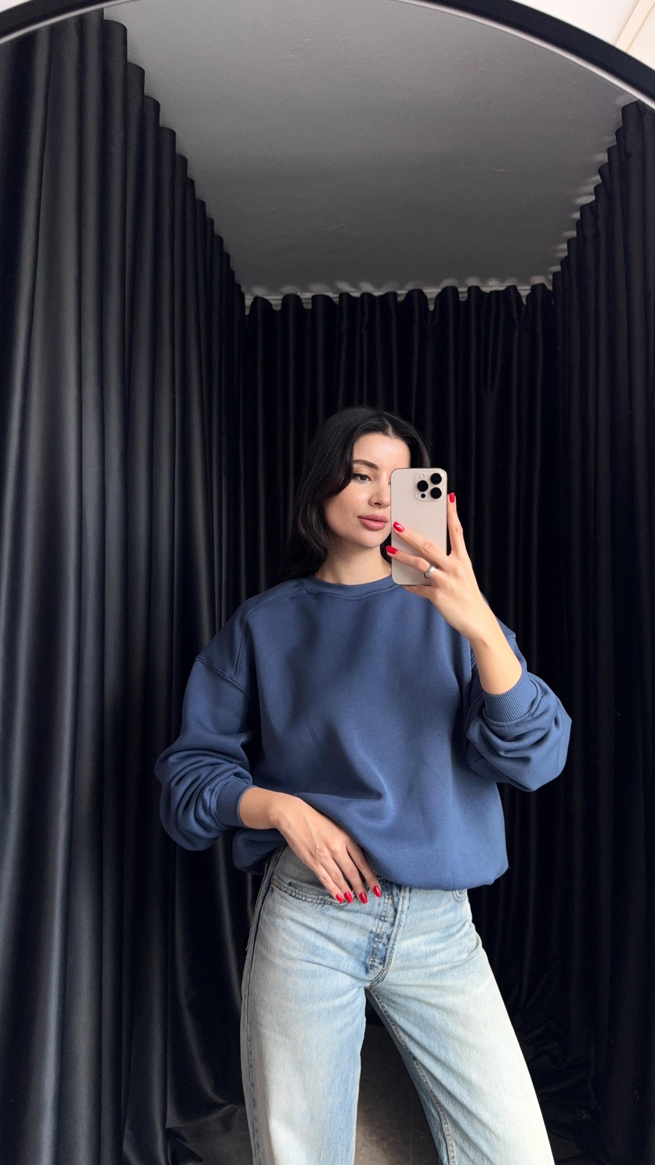 3 İplik Şardonlu Mavi Sweat