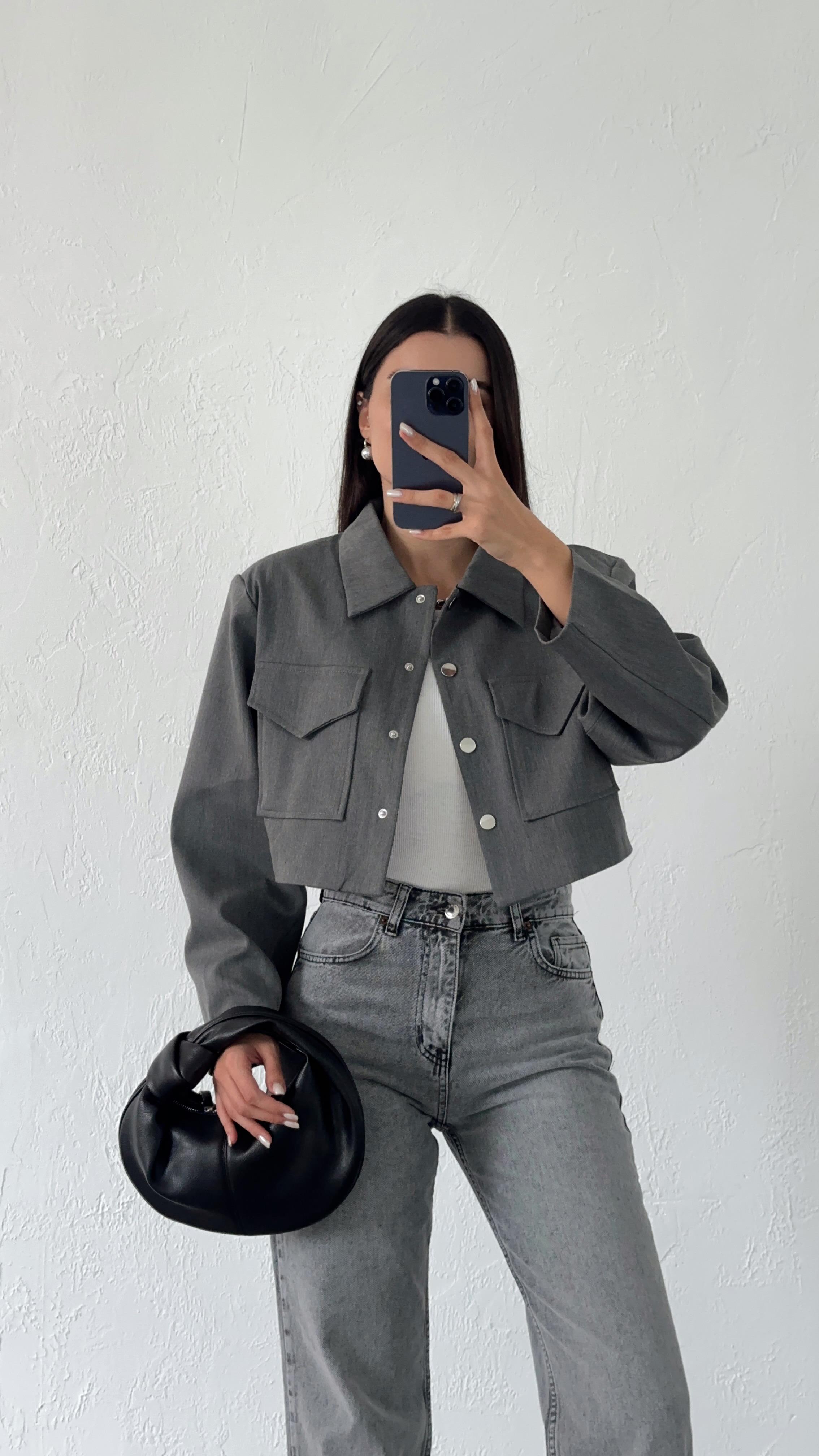 Antrasit Crop Ceket