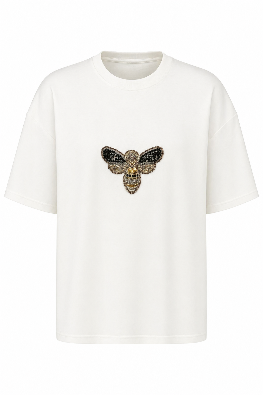 Arı Boncuk İşlemeli Beyaz Tshirt