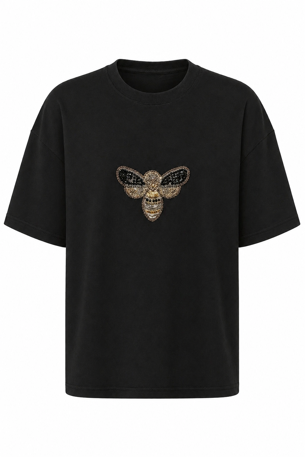 Arı Boncuk İşlemeli Siyah Tshirt