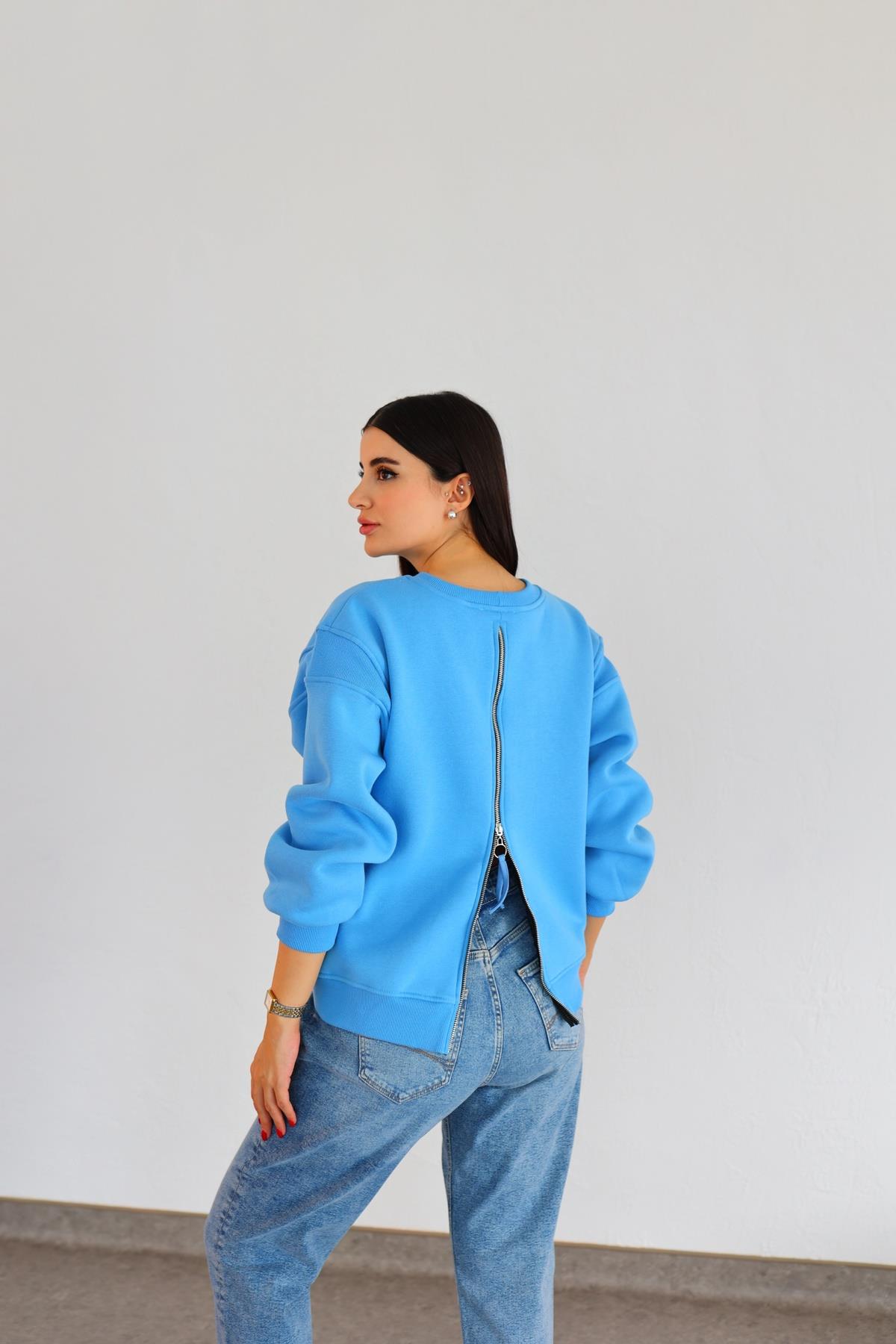 Arkası Fermuarlı Mavi Sweat