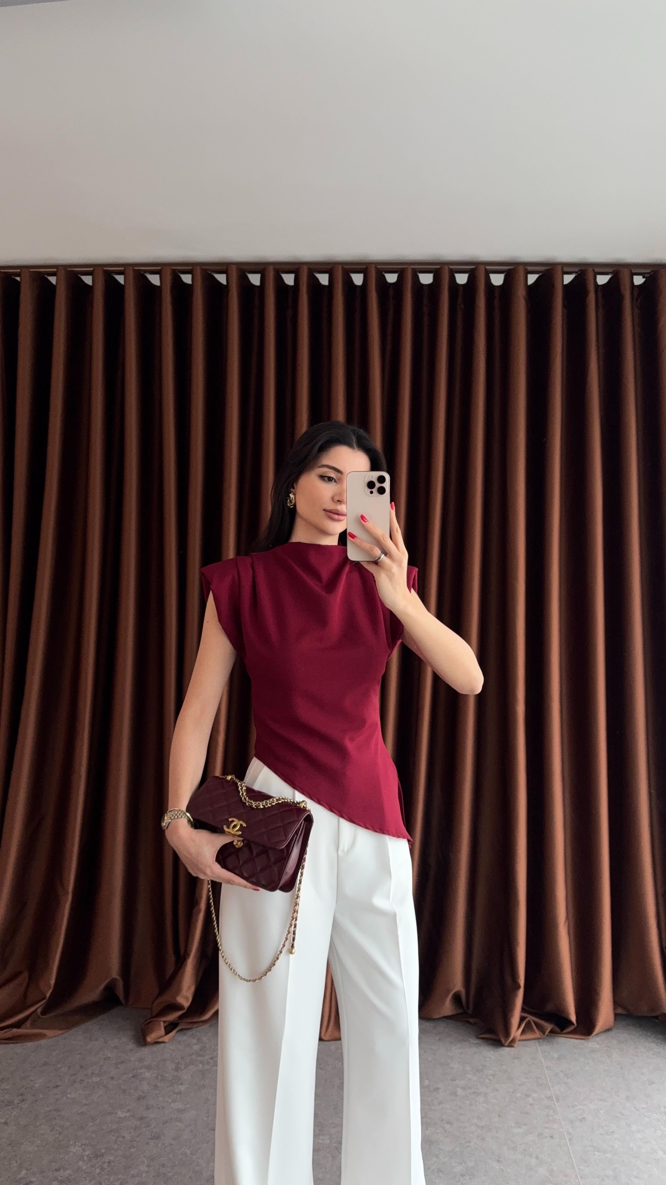 Asimetrik Bordo Vatkalı Bluz