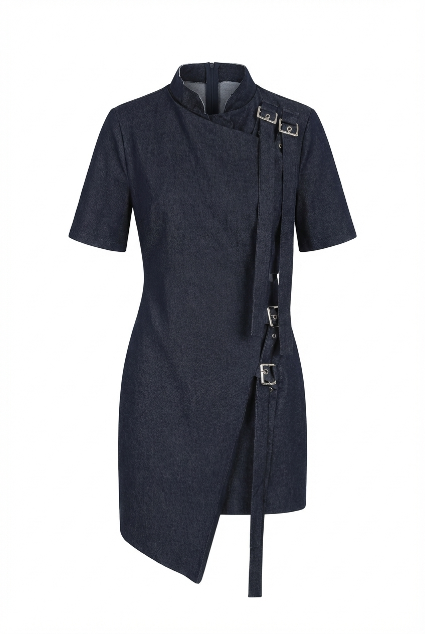 Asimetrik Kesim Denim Tasarım Elbise