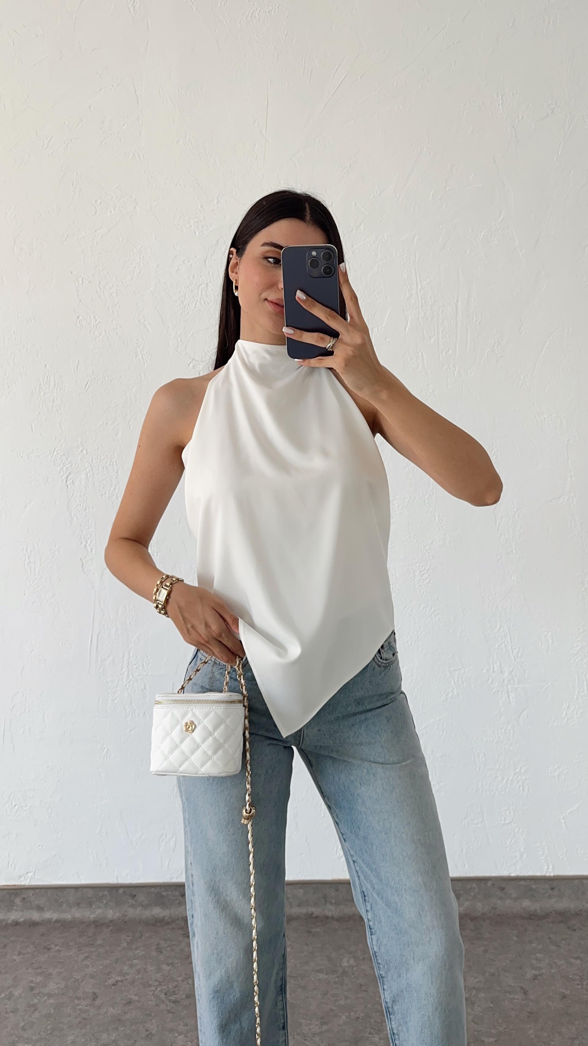 Asimetrik Premium Beyaz Saten Bluz