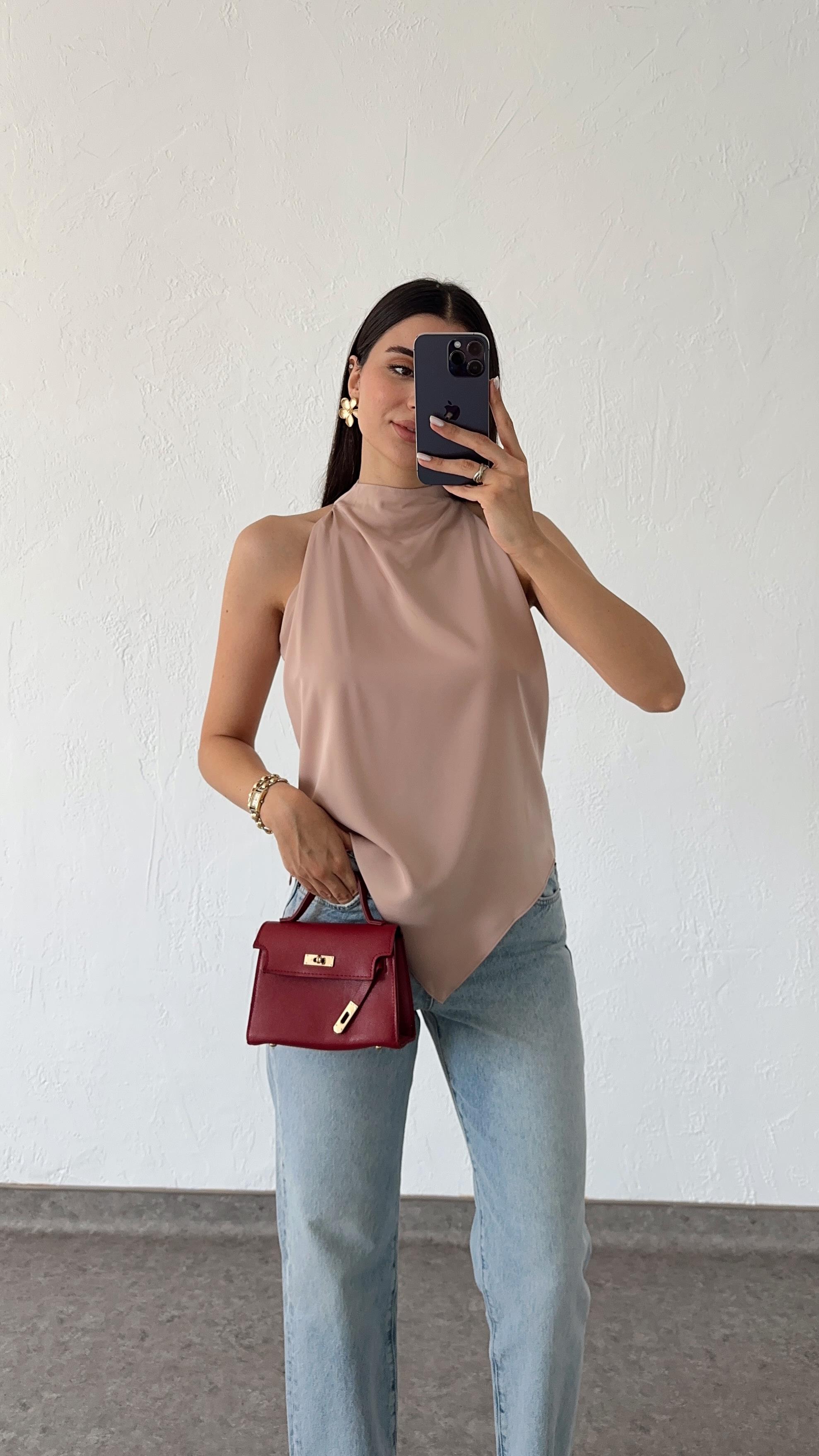 Asimetrik Premium Pudra Saten Bluz