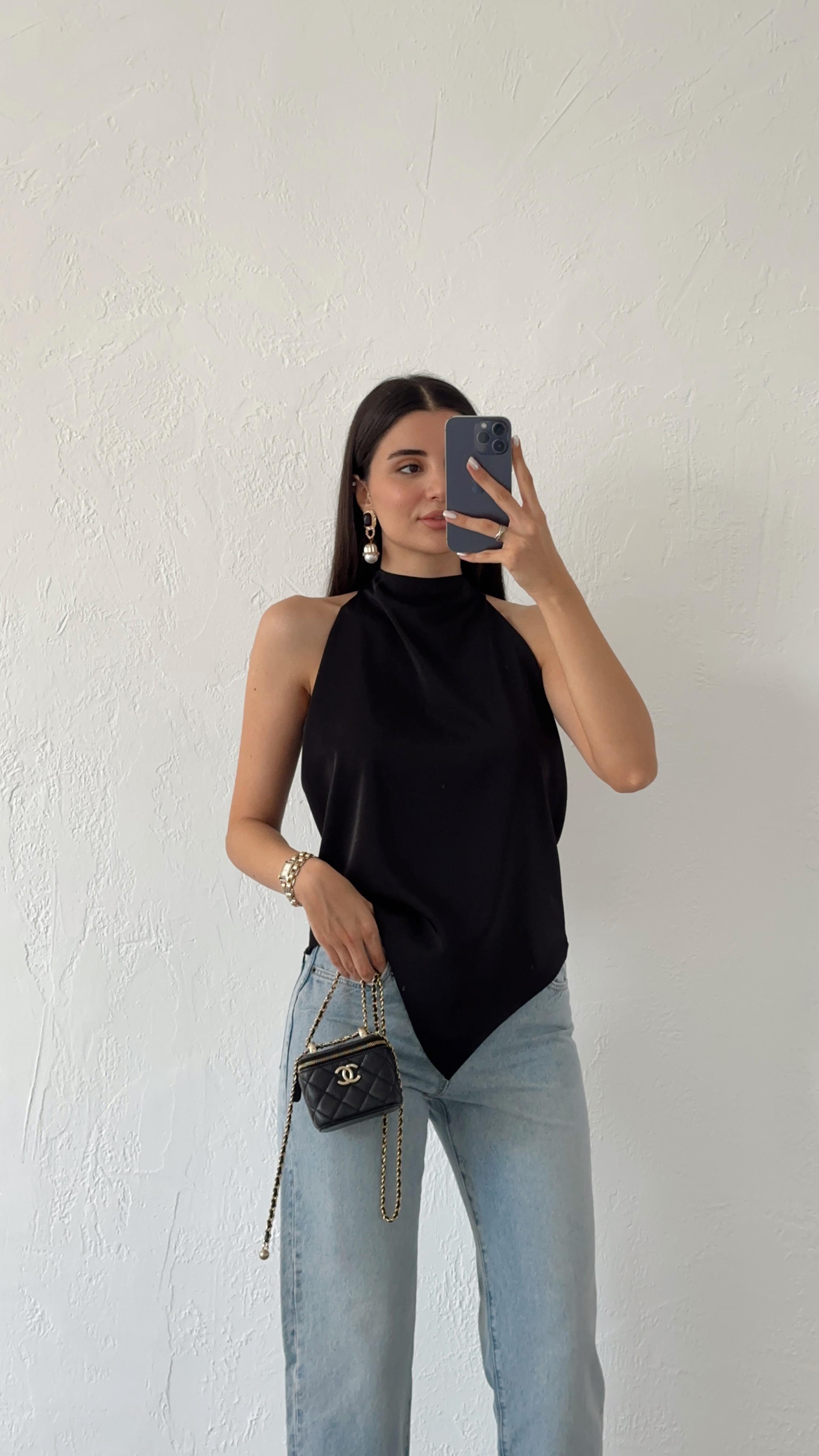 Asimetrik Premium Siyah Saten Bluz