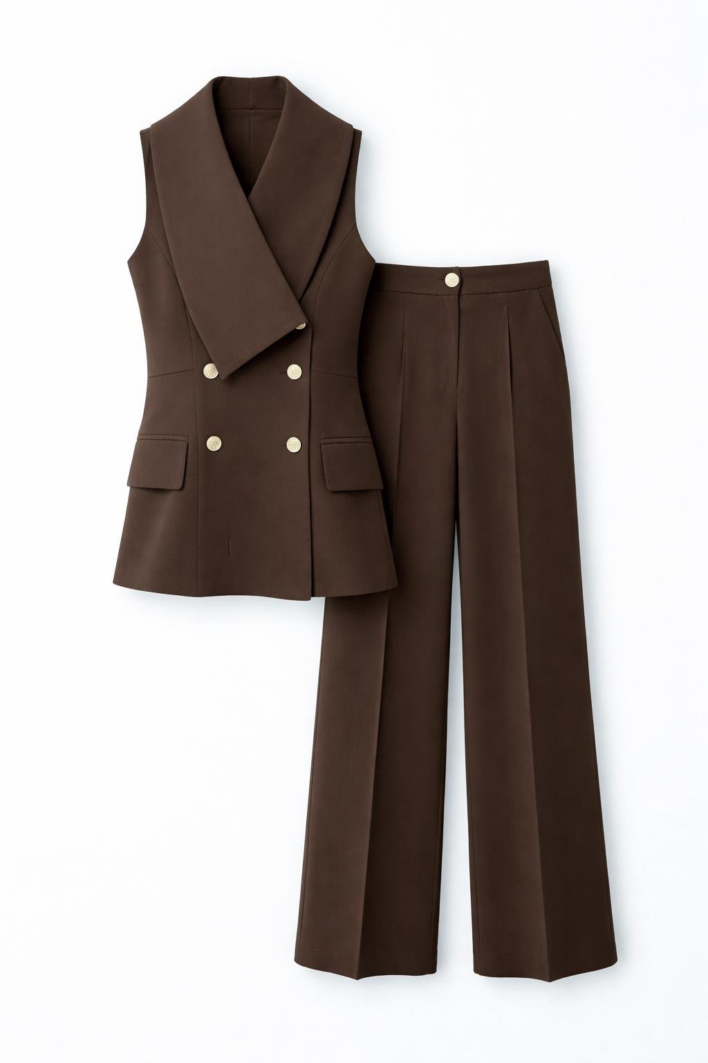 Asimetrik Yakalı Gold Düğmeli Kahve Yelek-Pantolon Takım