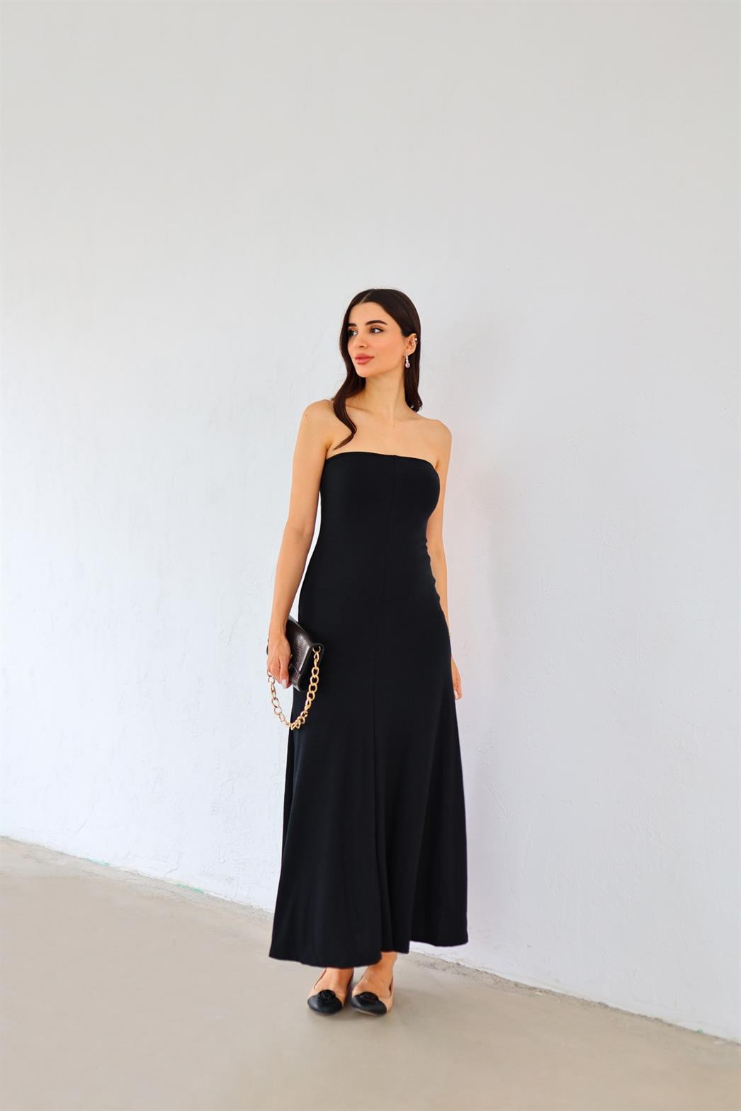 Astarlı Straplez Siyah Elbise