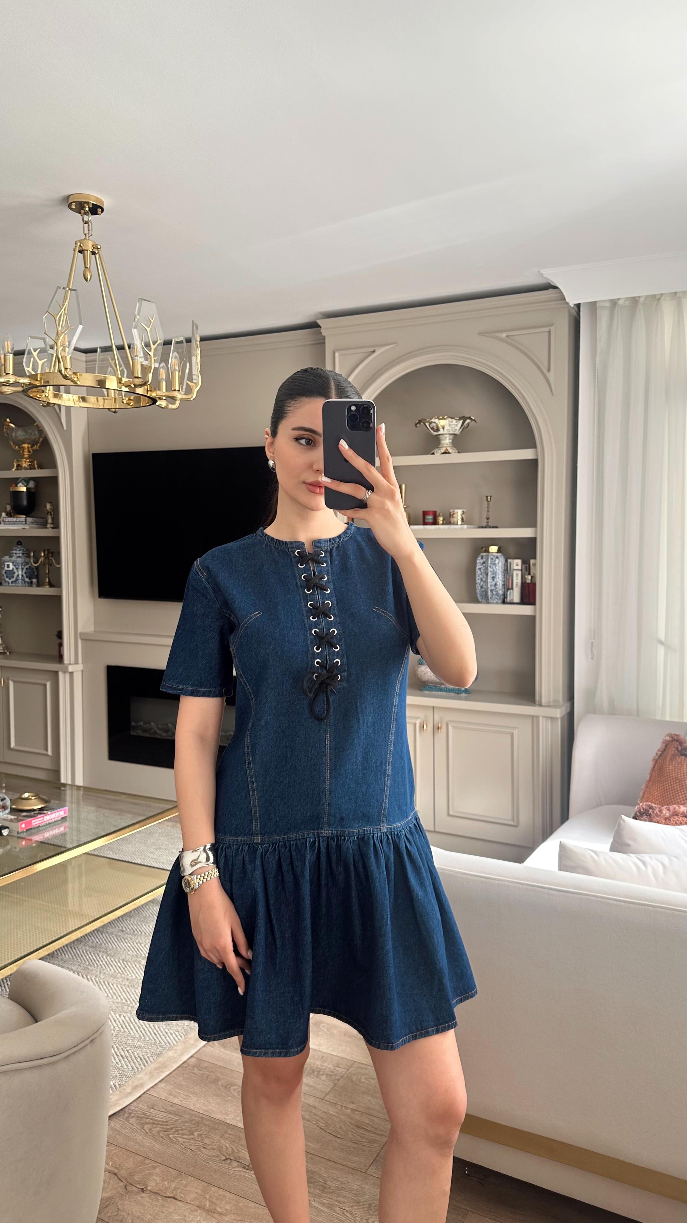 Bağcıklı Premium Denim Elbise