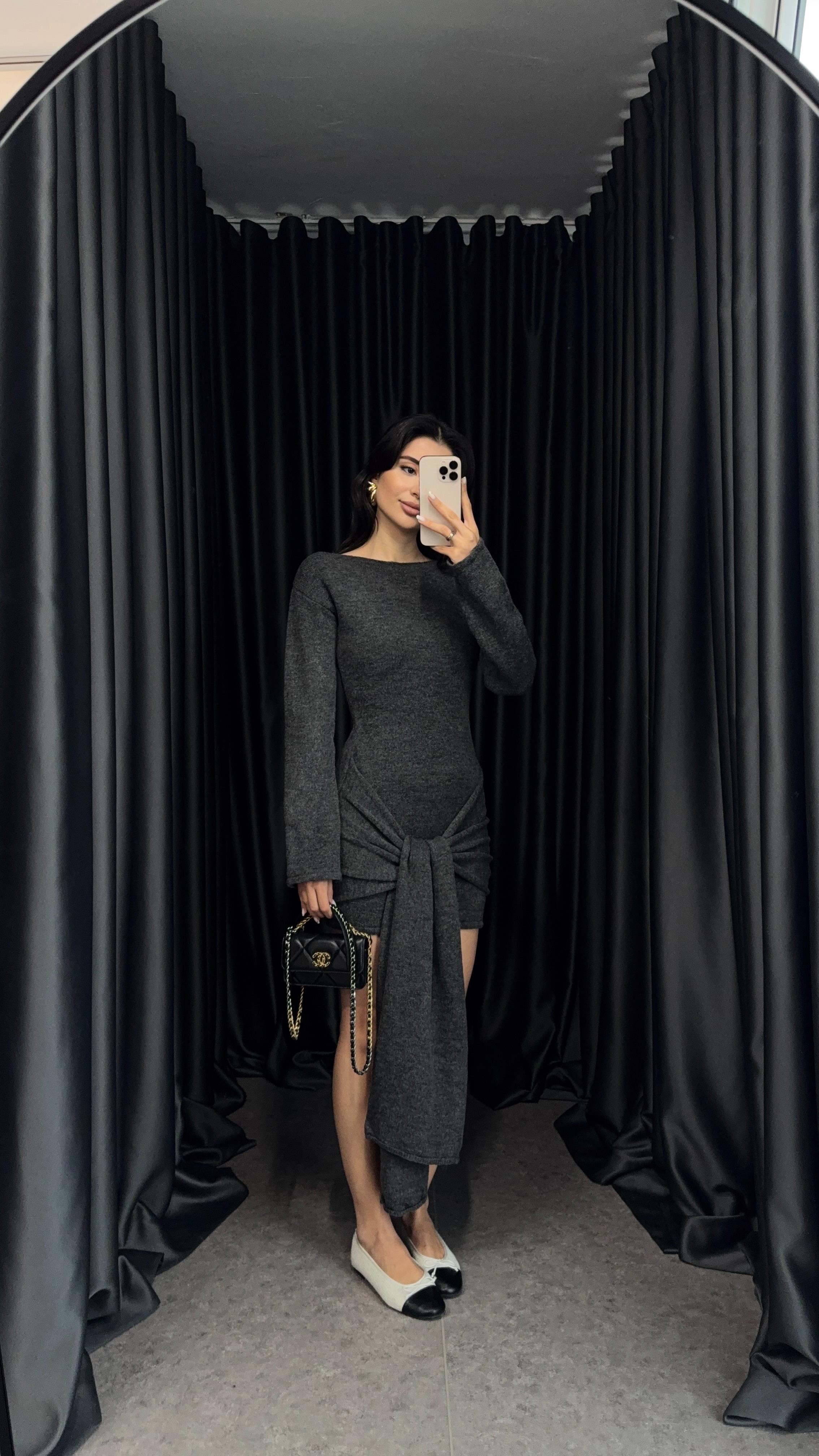 Bağlamalı Antrasit Triko Elbise