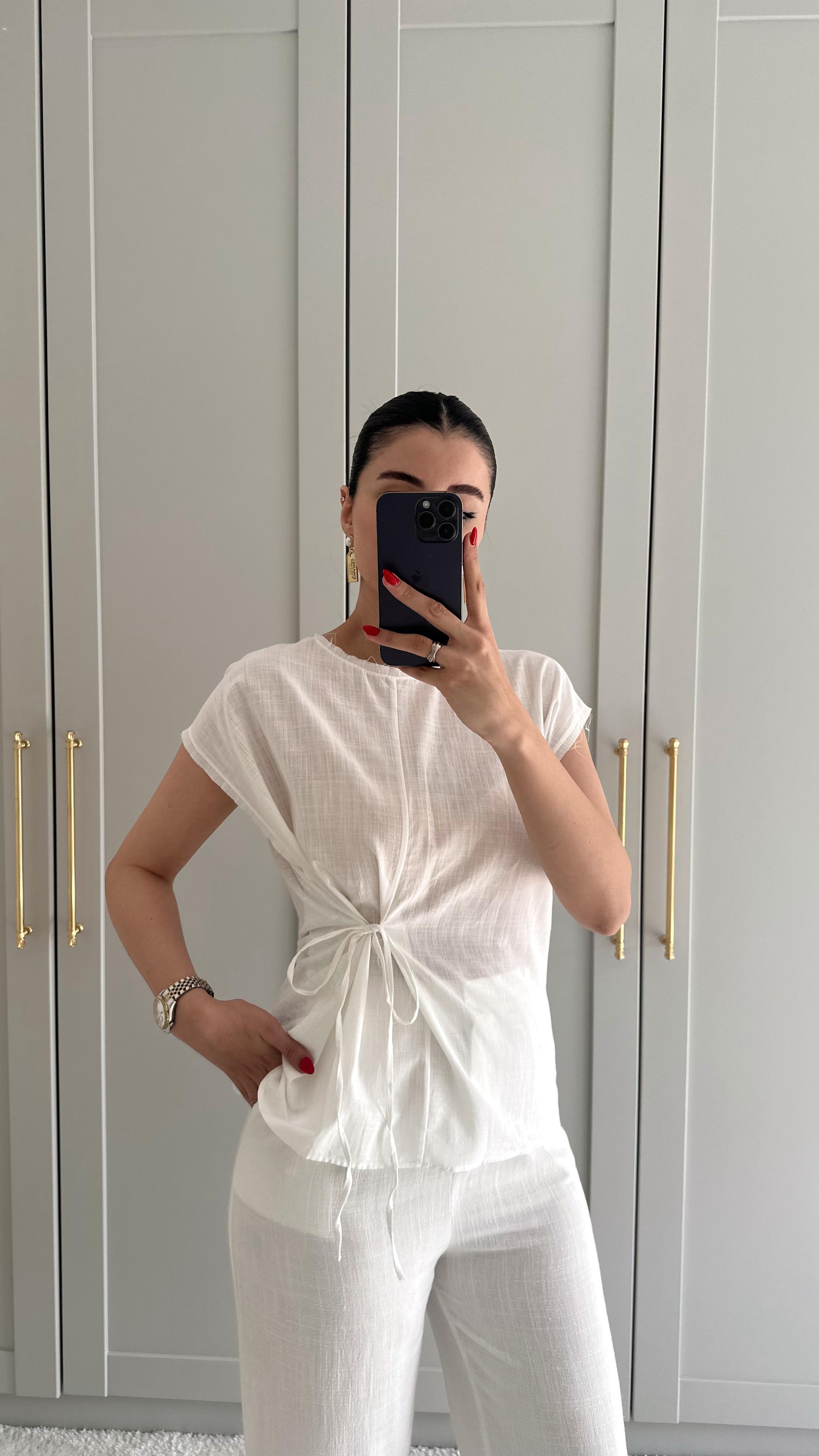 Bağlamalı Keten Ekru Bluz