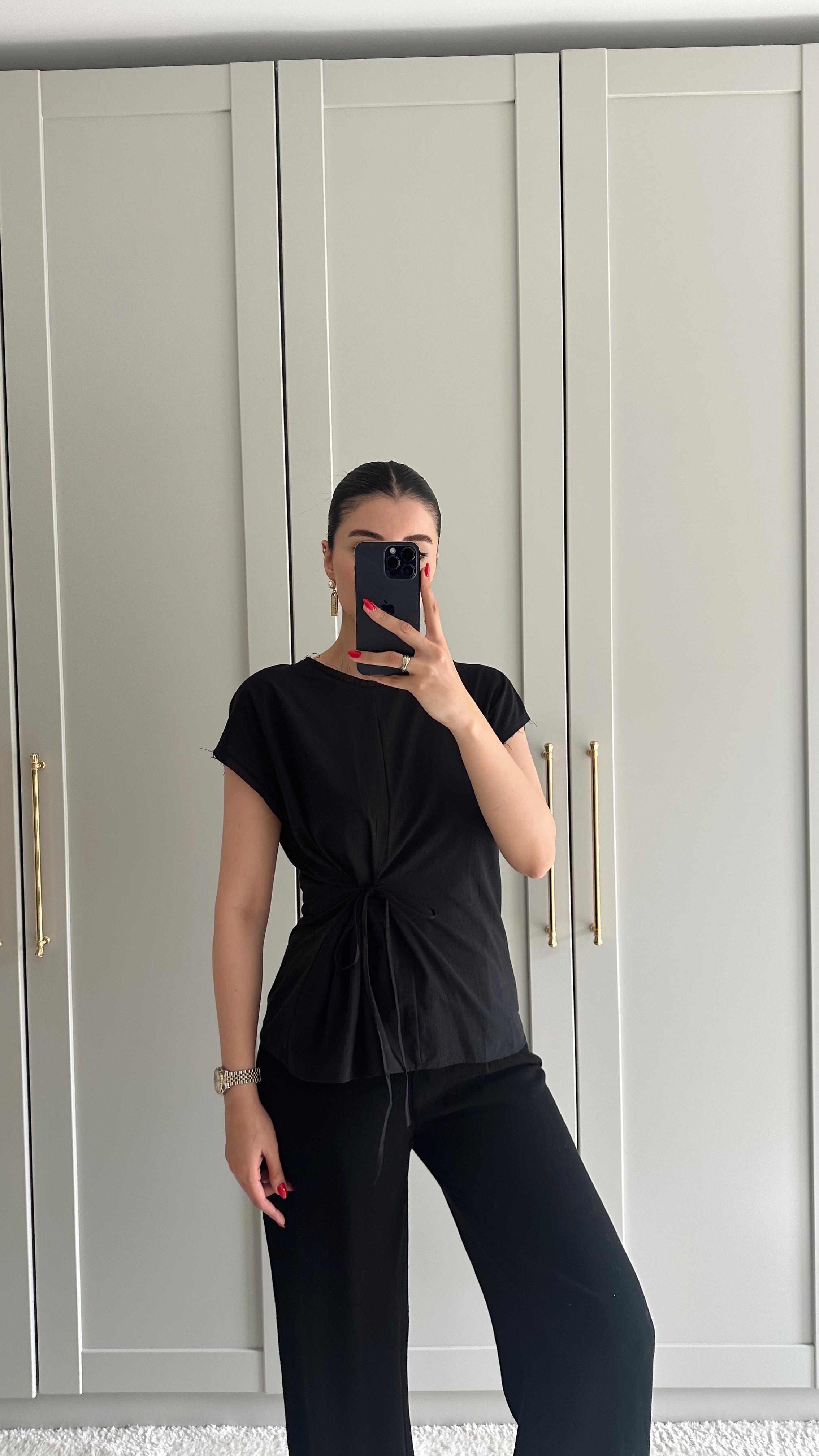 Bağlamalı Keten Siyah Bluz