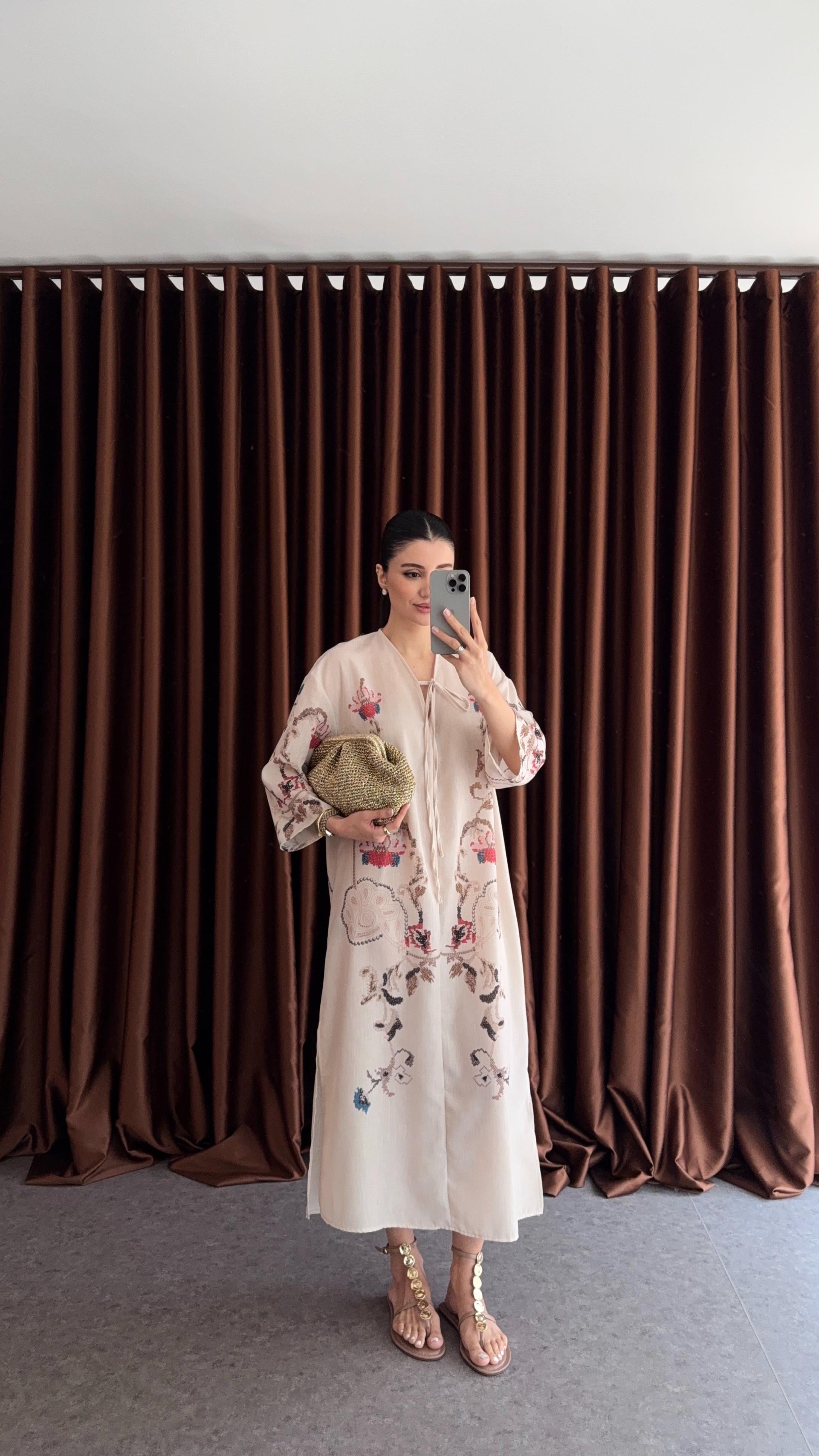 Baskılı Keten Dokulu Kaftan