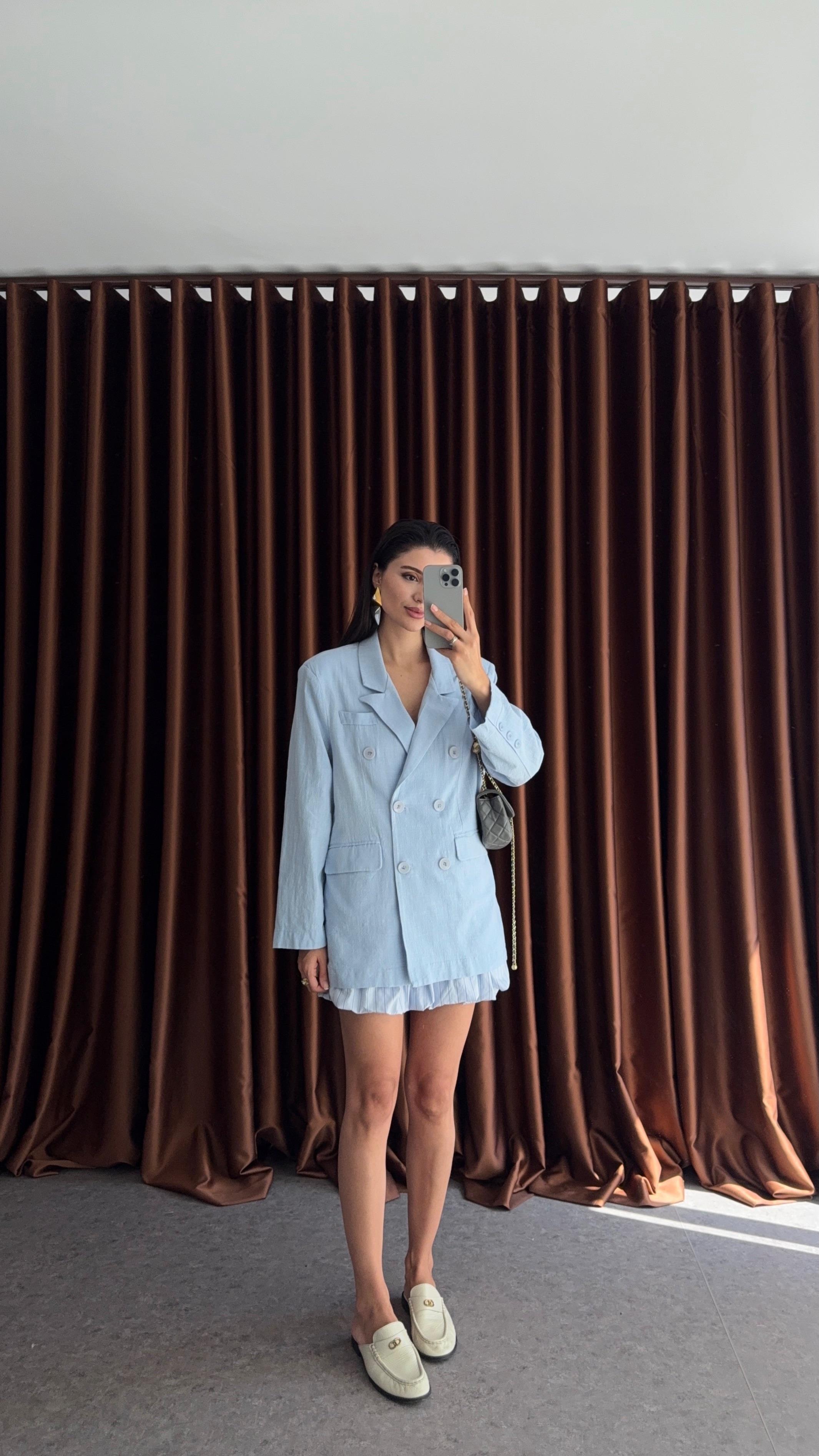 Bebe Mavisi Düğmeli Oversize Ceket