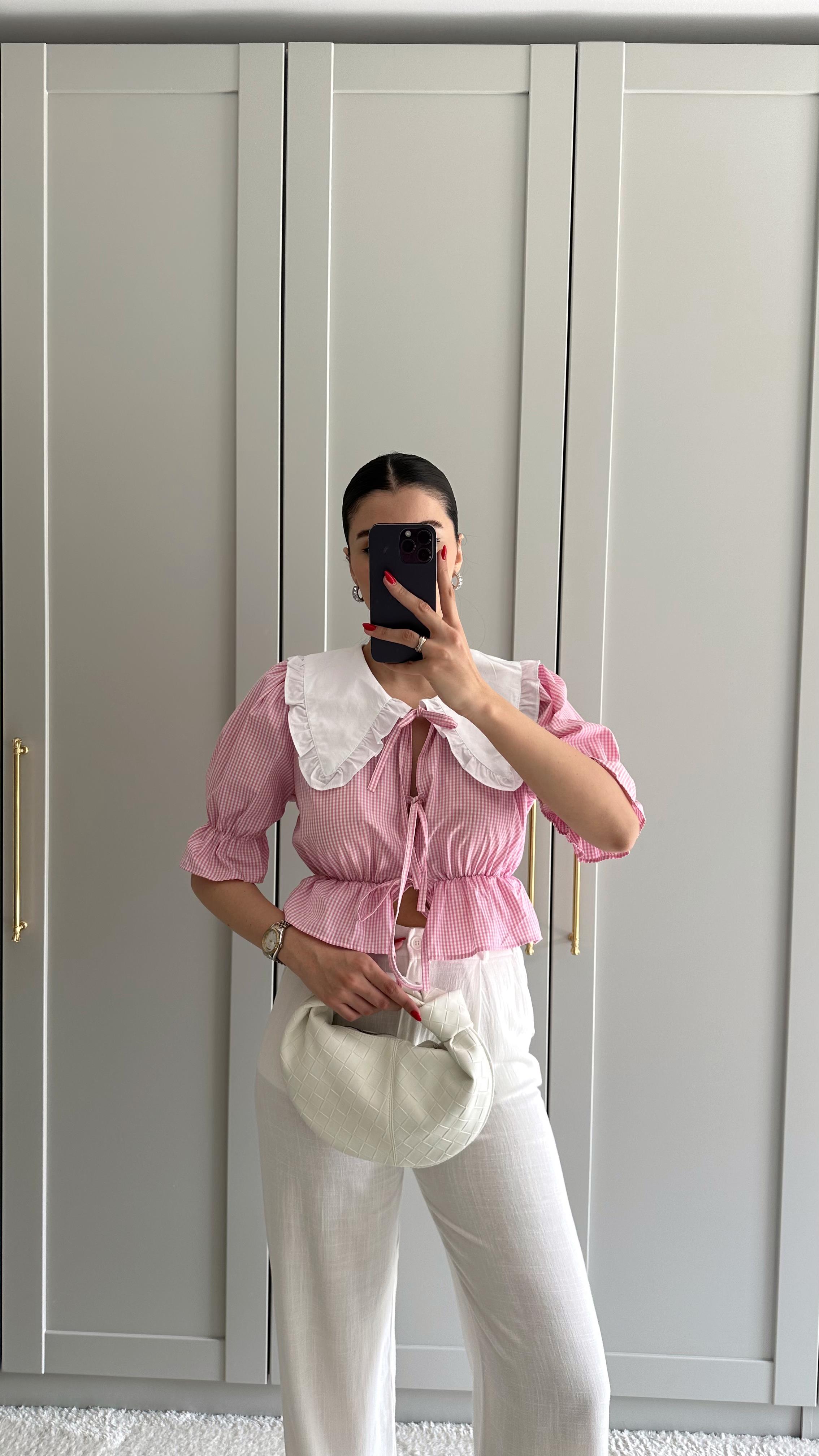 Bebe Yaka Pembe Pötikare Bluz