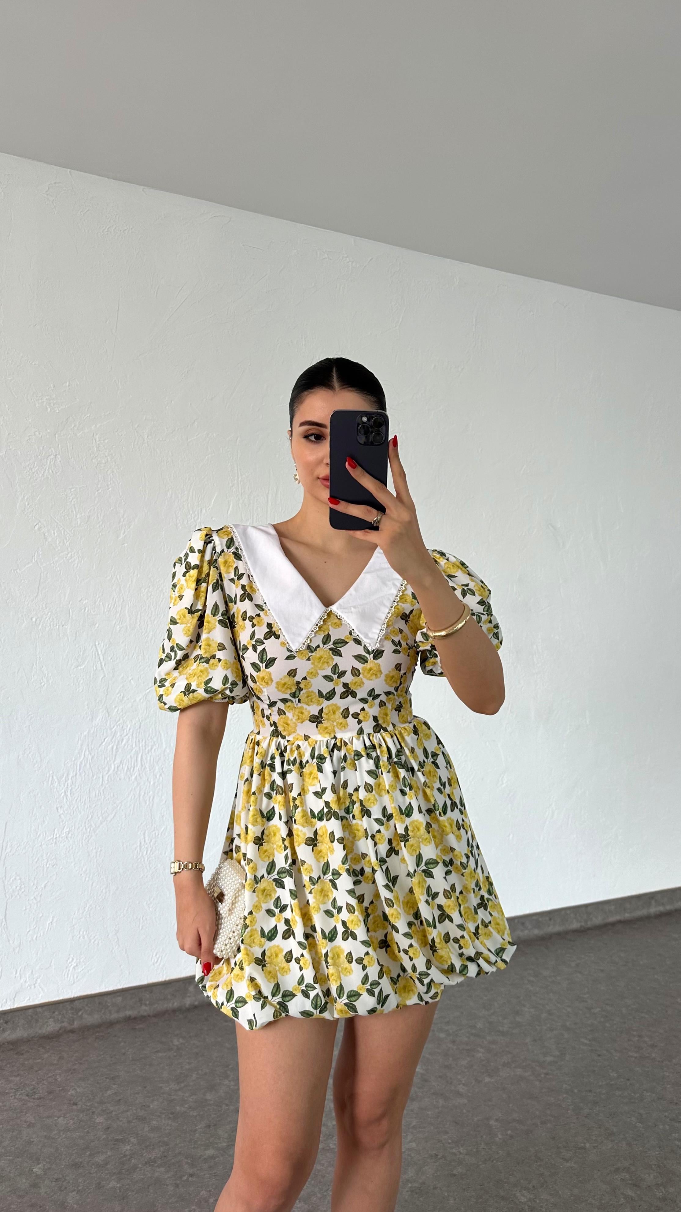 Bebe Yaka Sarı Çiçekli Balon Elbise