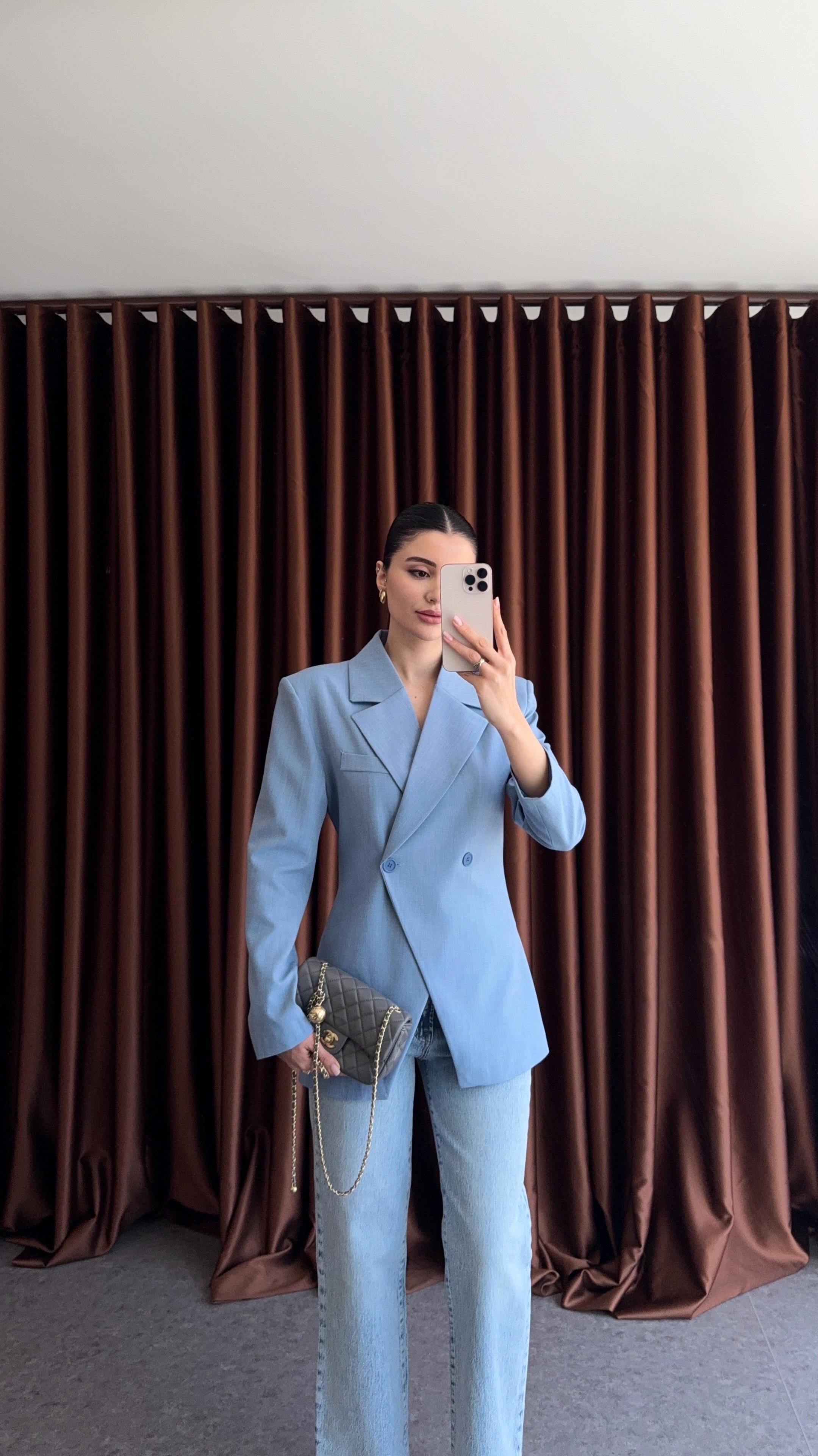 Belden Oturtmalı Mavi Blazer Ceket