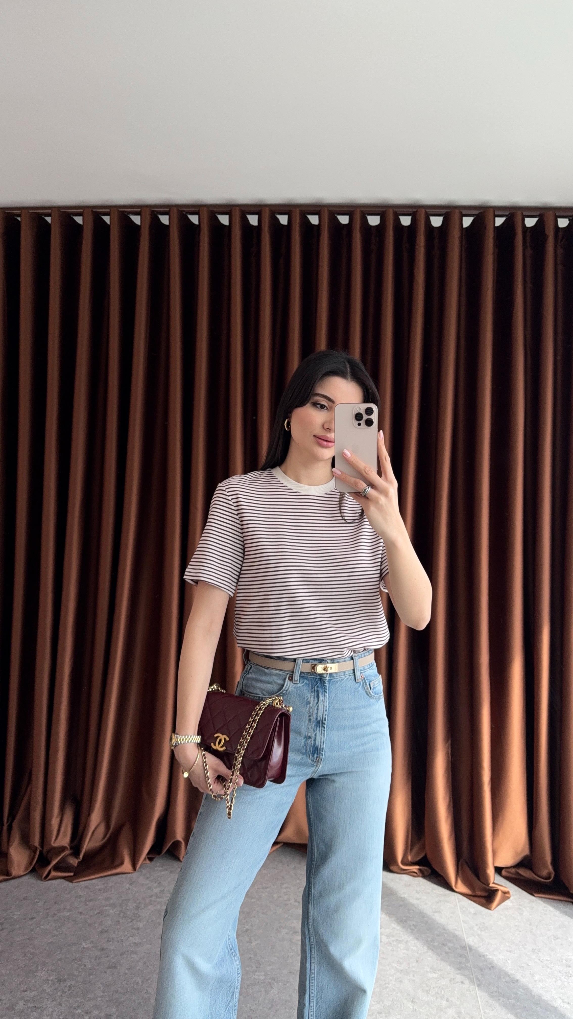 Bordo Çizgili Tok Doku Basic Tshirt