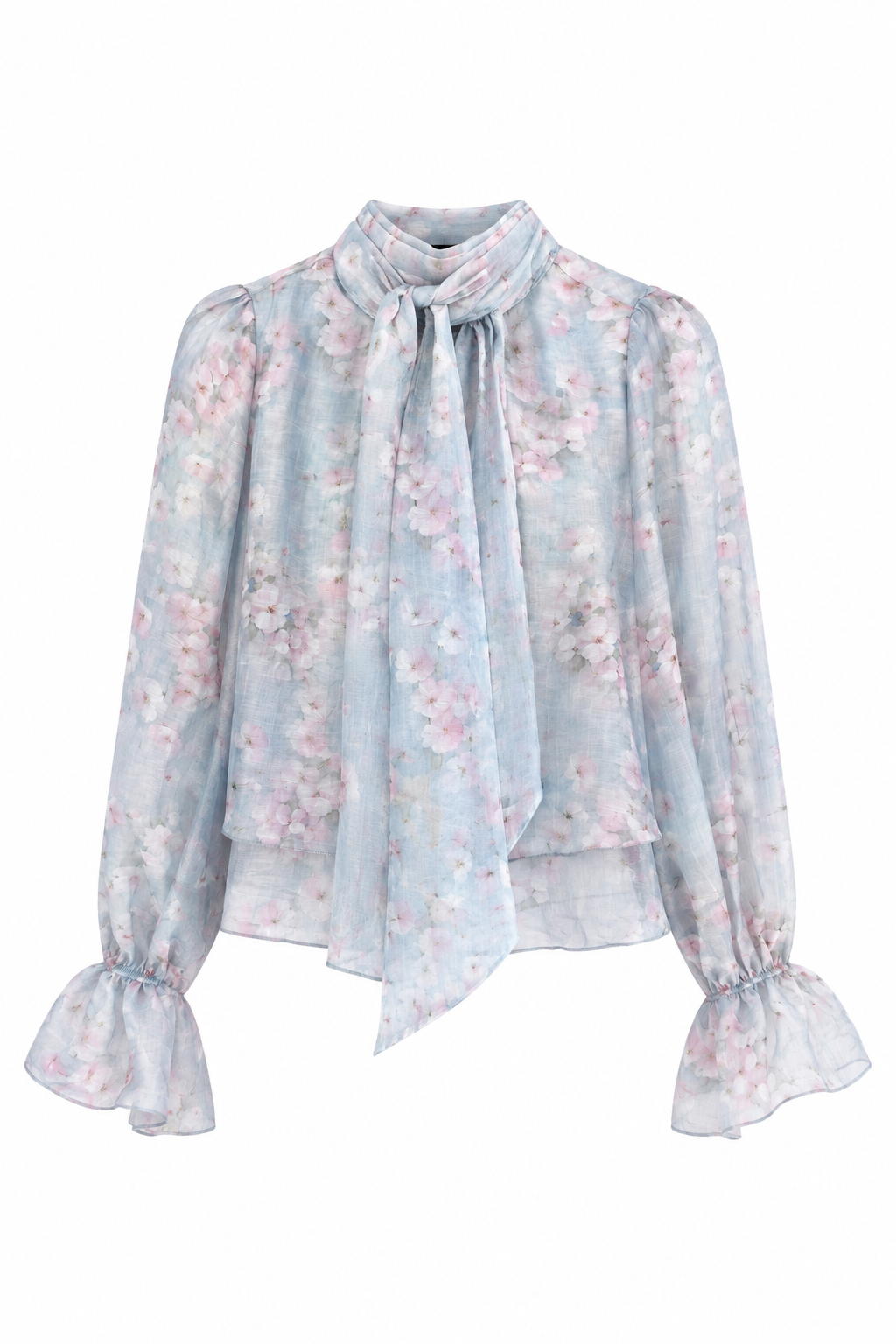 Boyun Bağlamalı Floral Mavi Bluz