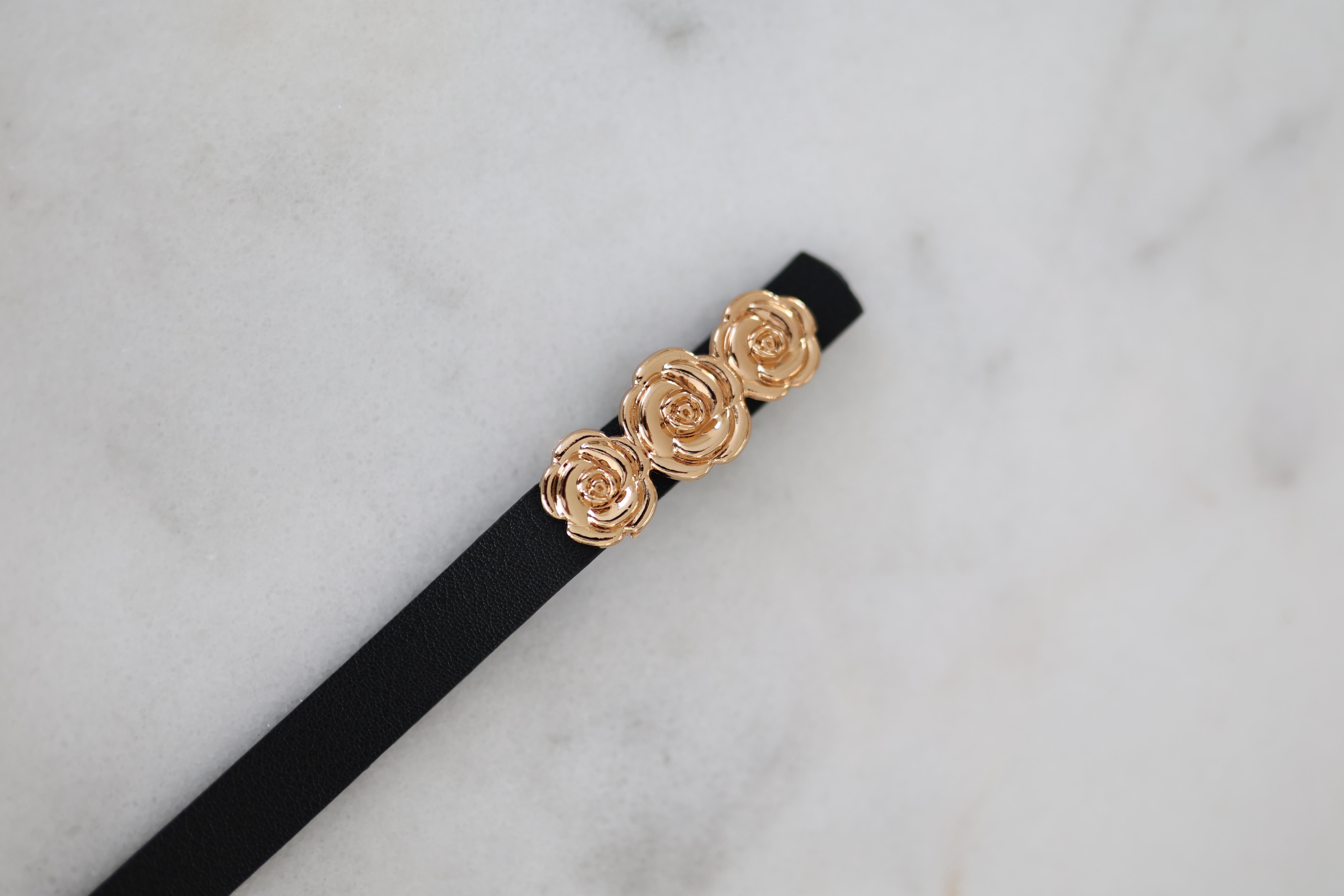 Bronz 3 Gül Siyah Deri Kemer