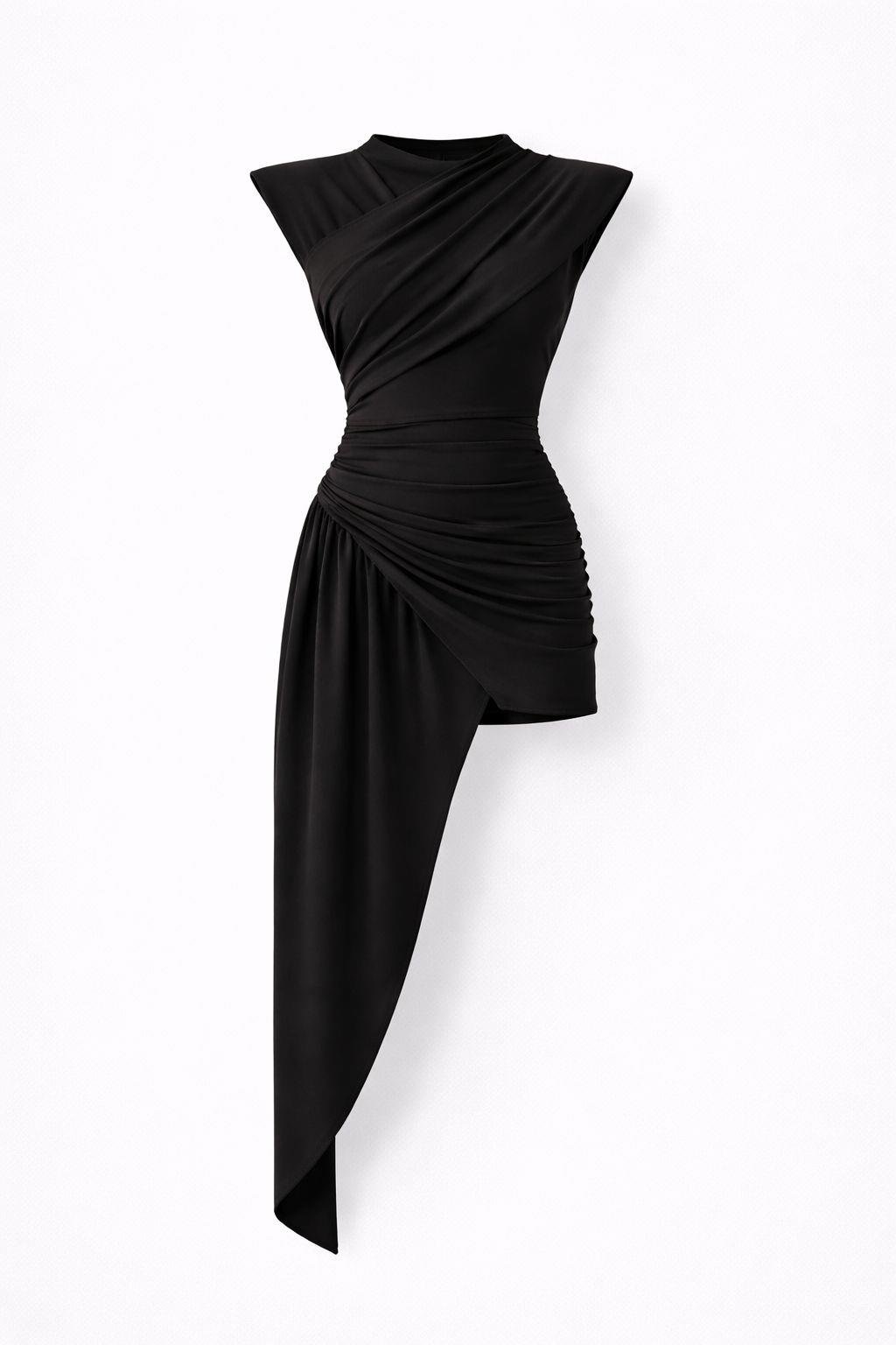Büzgülü Vatkalı Siyah Elbise