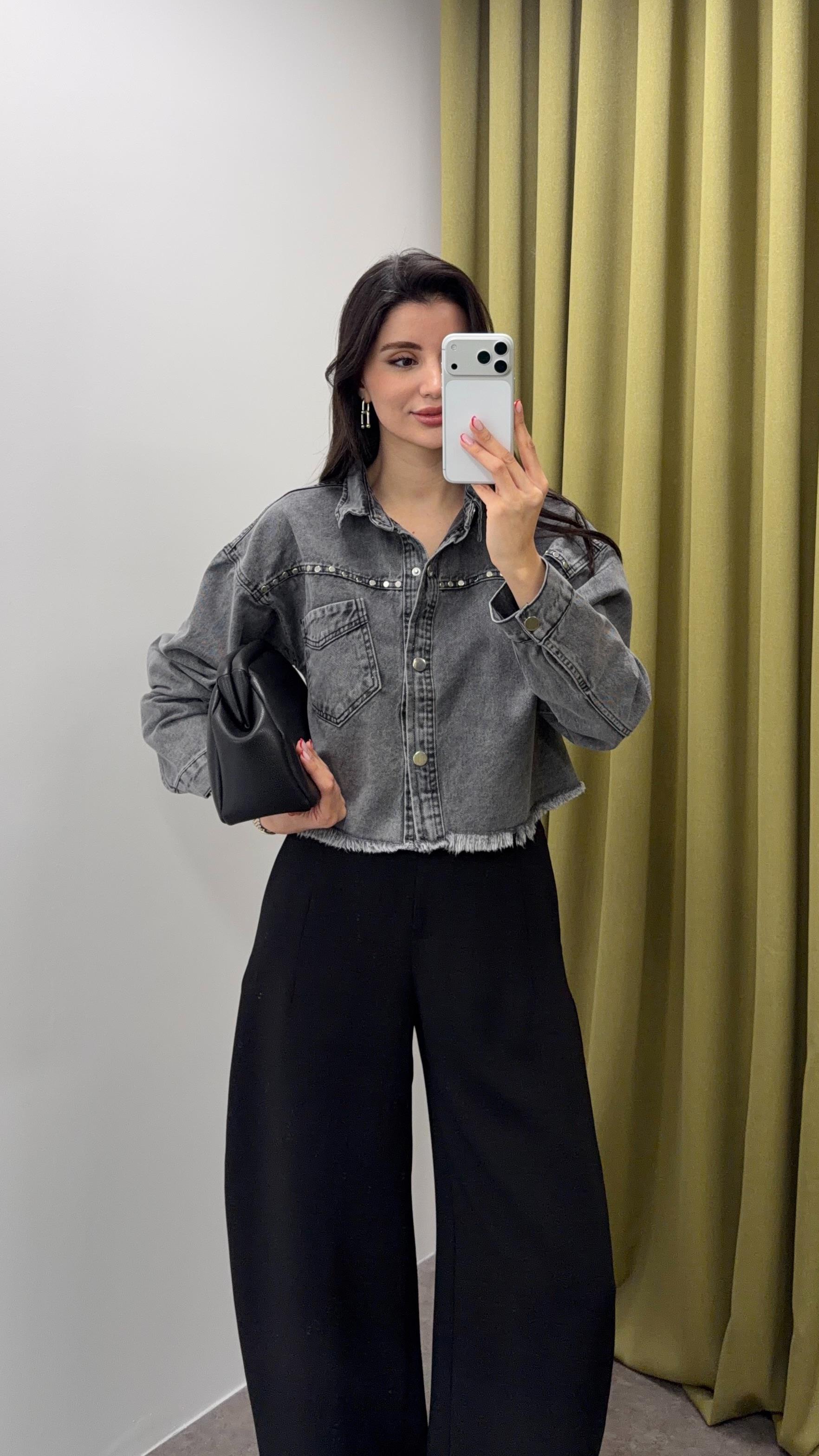 Çakmalı Antrasit Crop Ceket