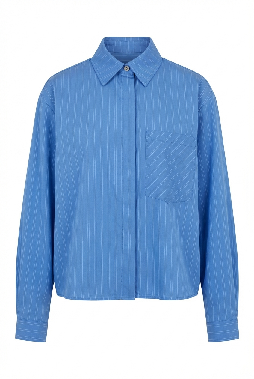 Cepli Oversize Çizgili Mavi Gömlek