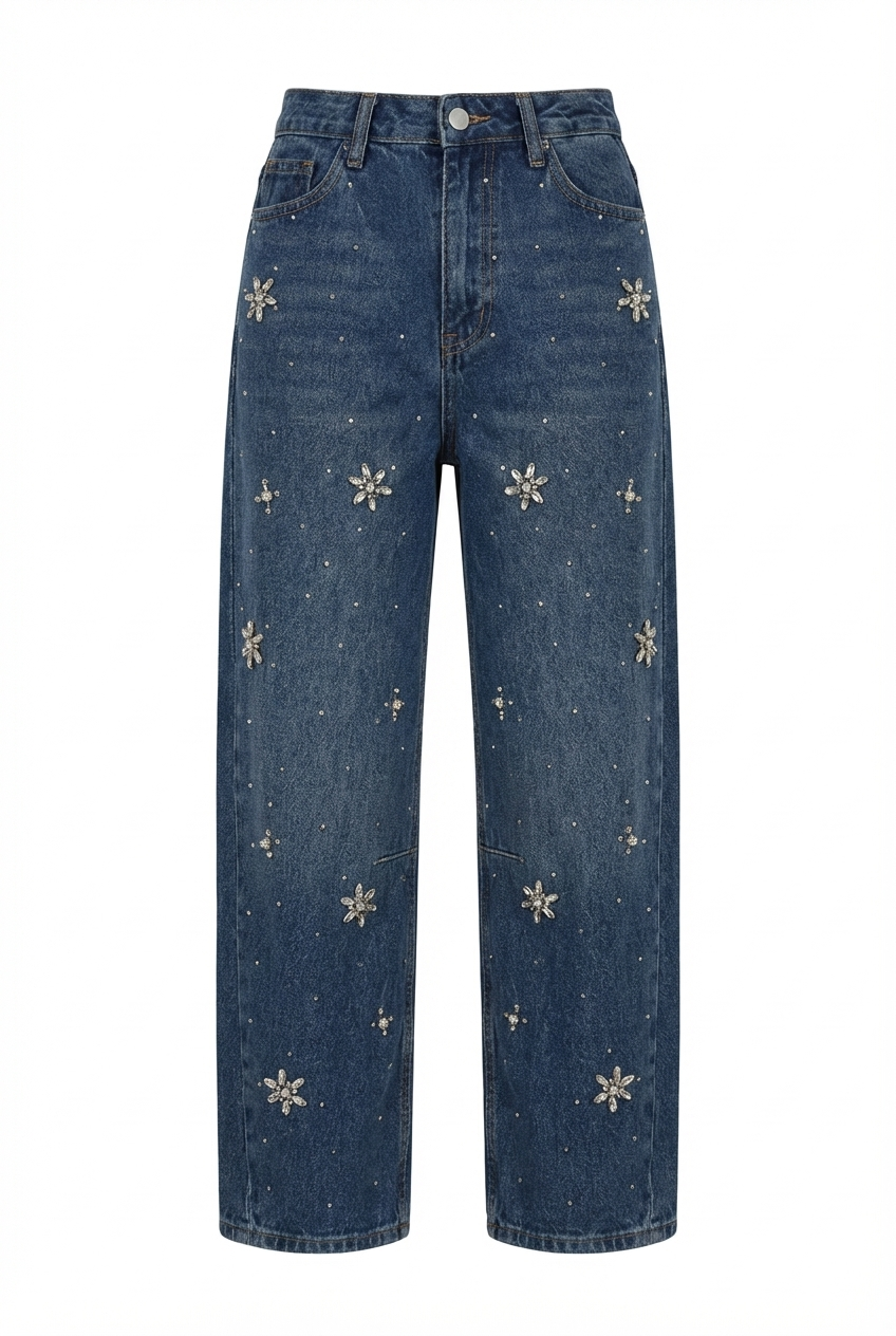 Çiçek Taşlı Balon Jean