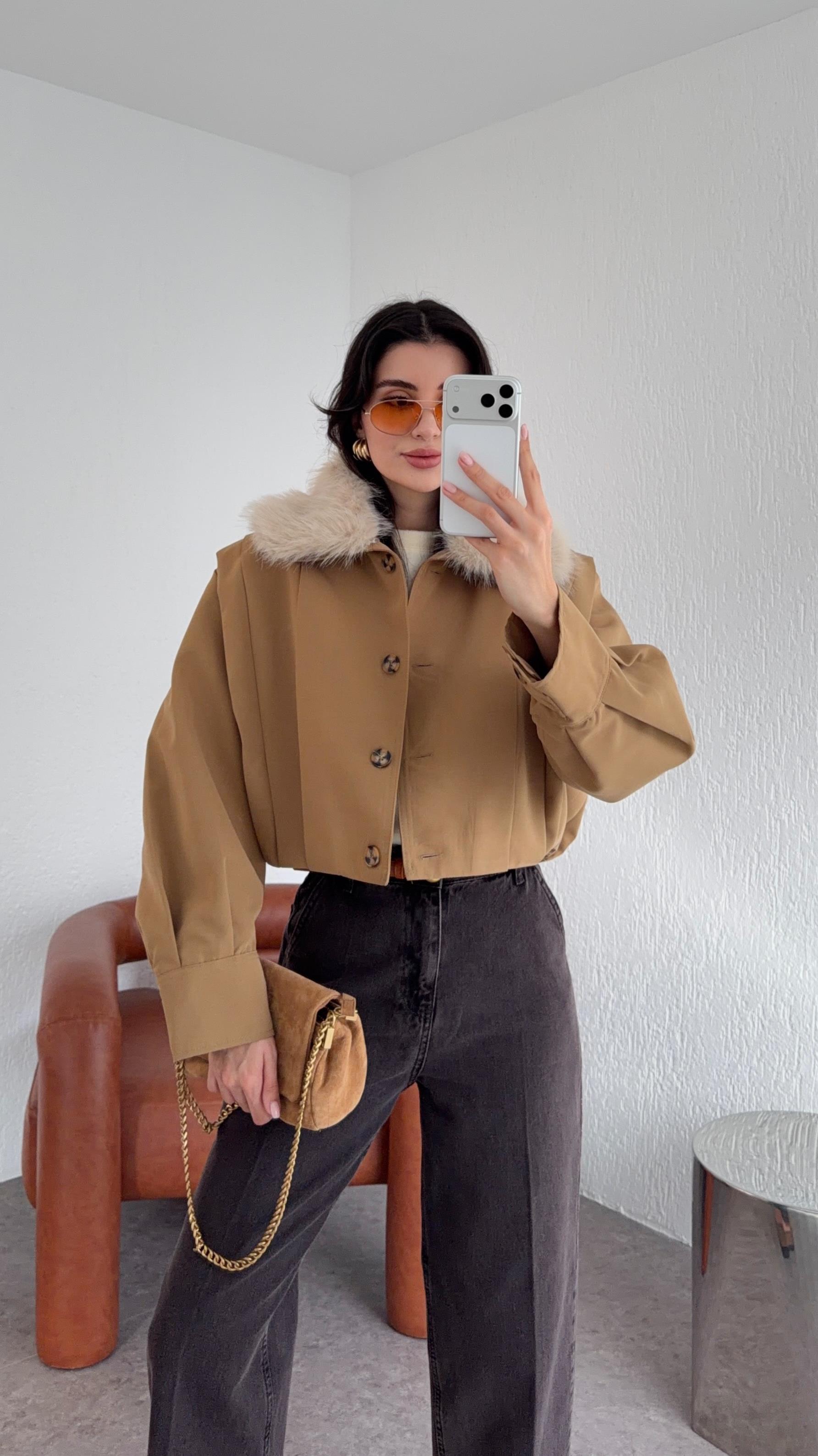 Çıkarılabilir Kürklü Camel Ceket