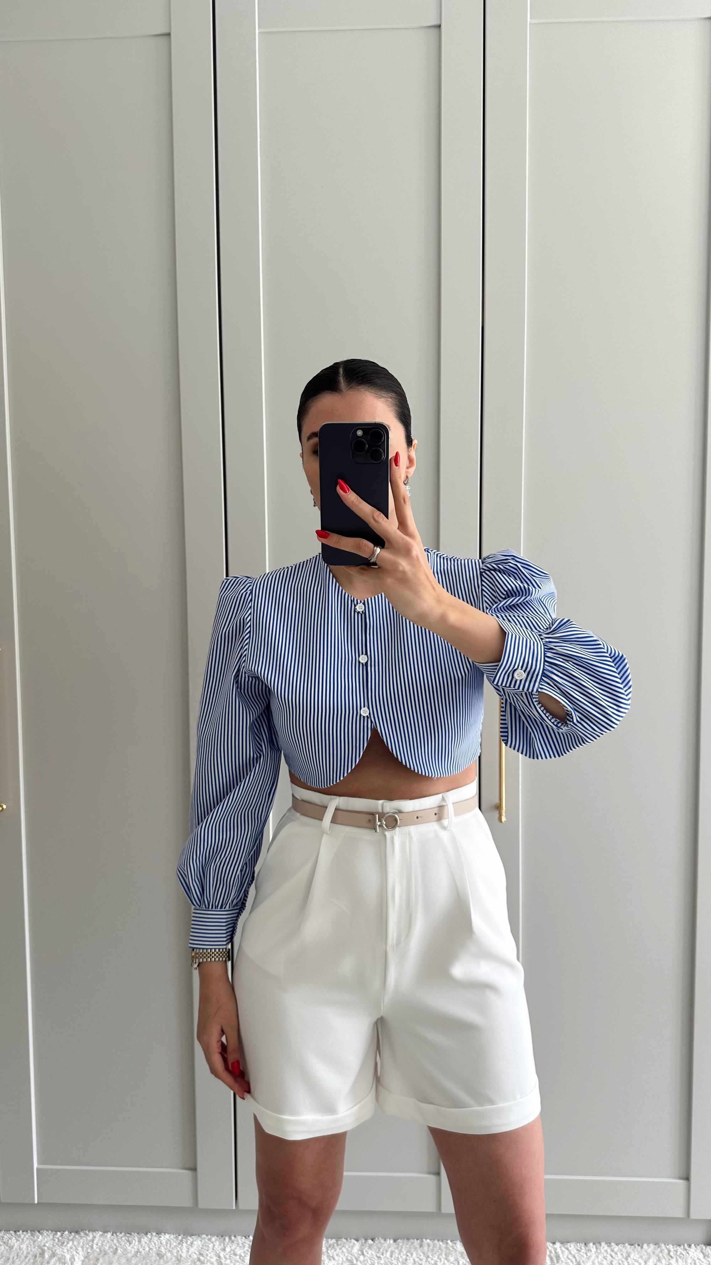 Çizgili Mavi Crop Gömlek