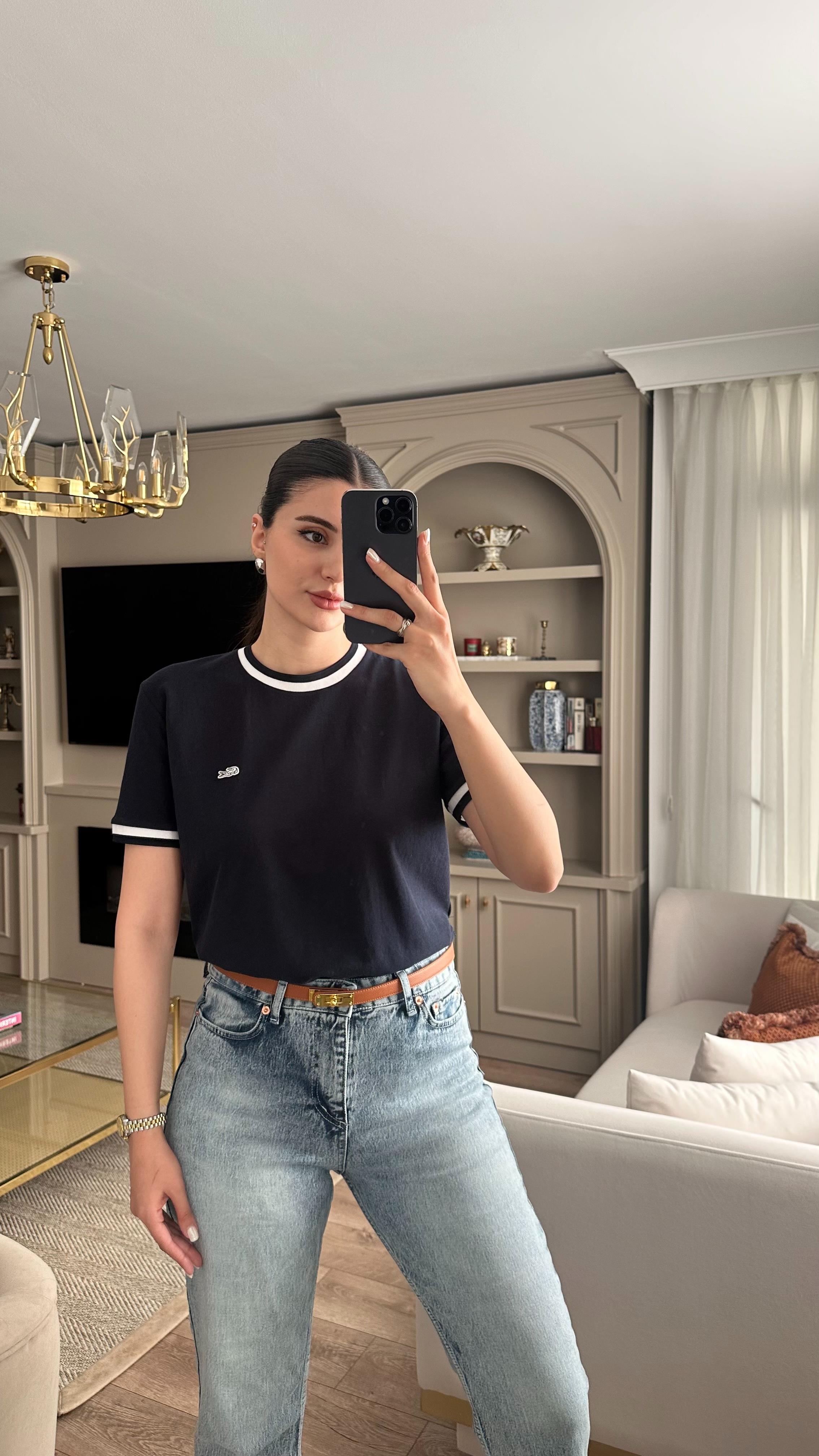 Cost Şeritli Lacivert Tshirt