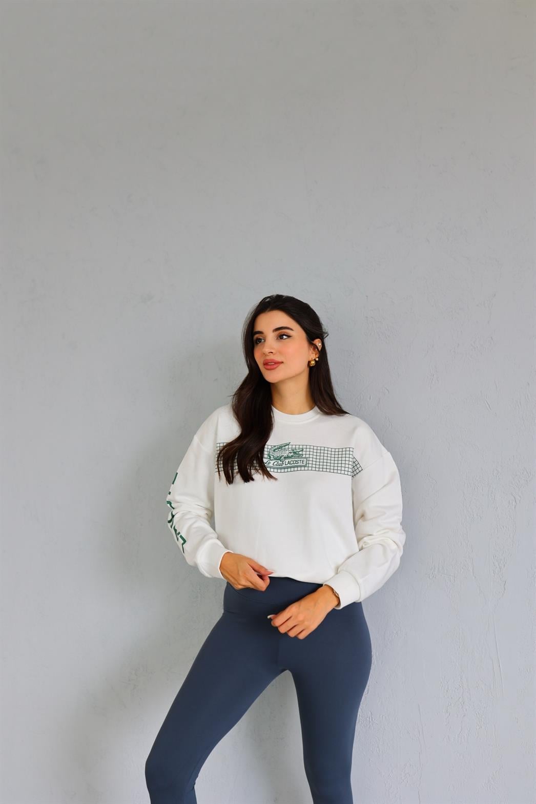 Coste Yeşil Nakışlı Beyaz Sweat