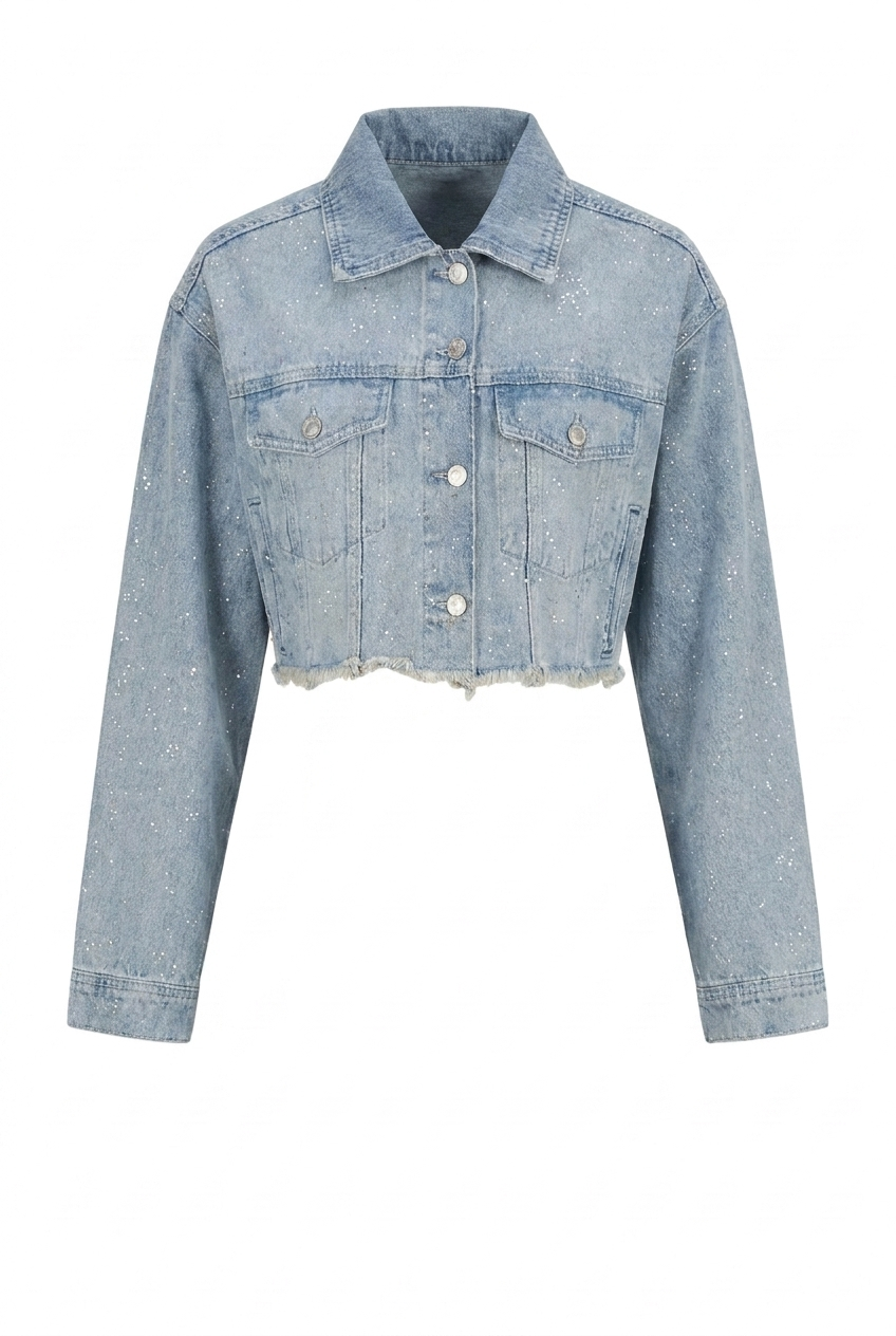 Dağınık Gümüş Taşlı Denim Crop Ceket