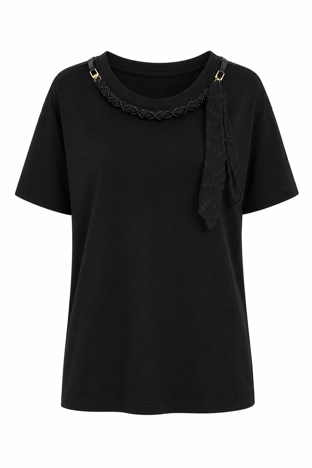 Dantelli Fular Detaylı Siyah Tshirt