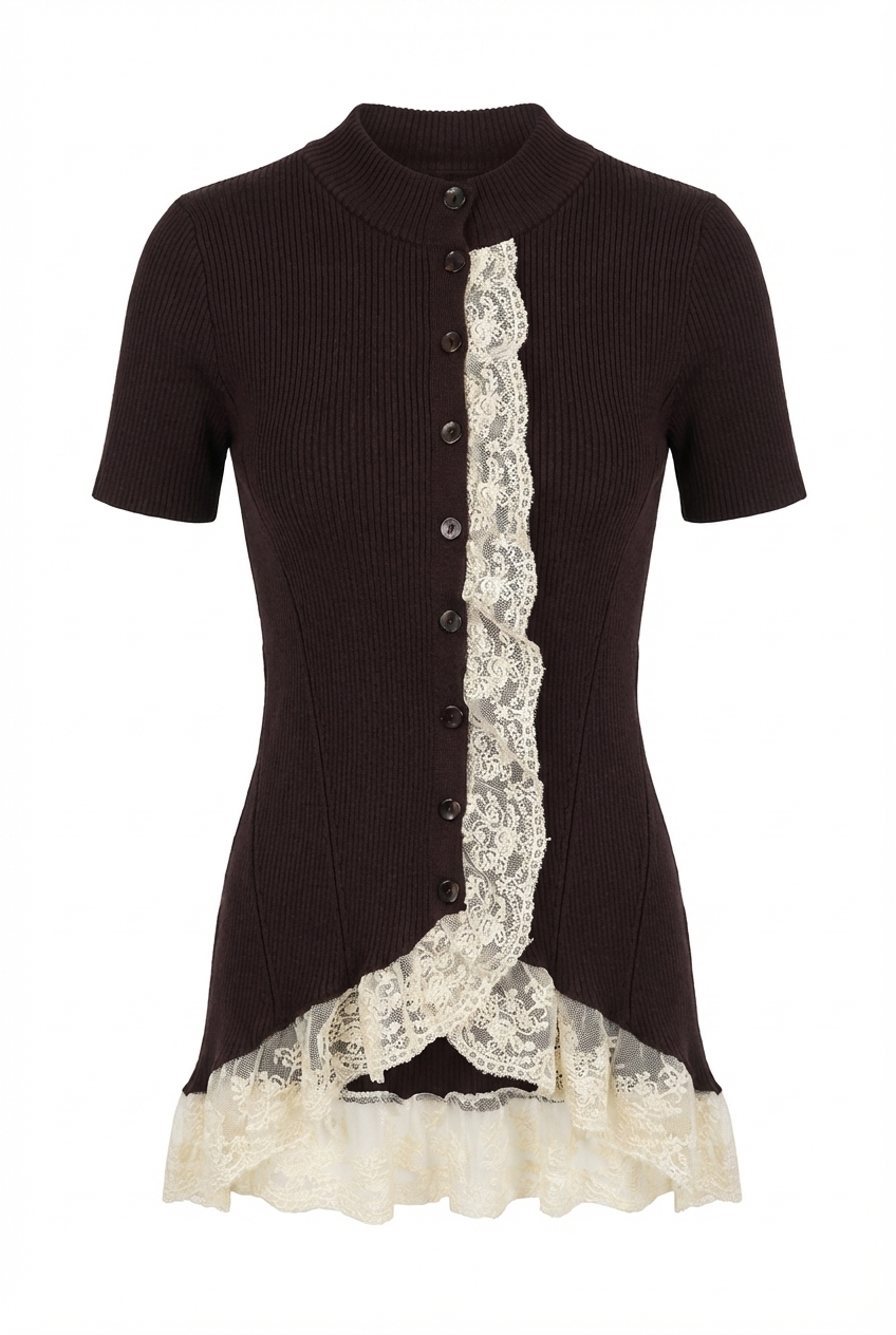 Dantelli Kahve Romantik Triko Bluz