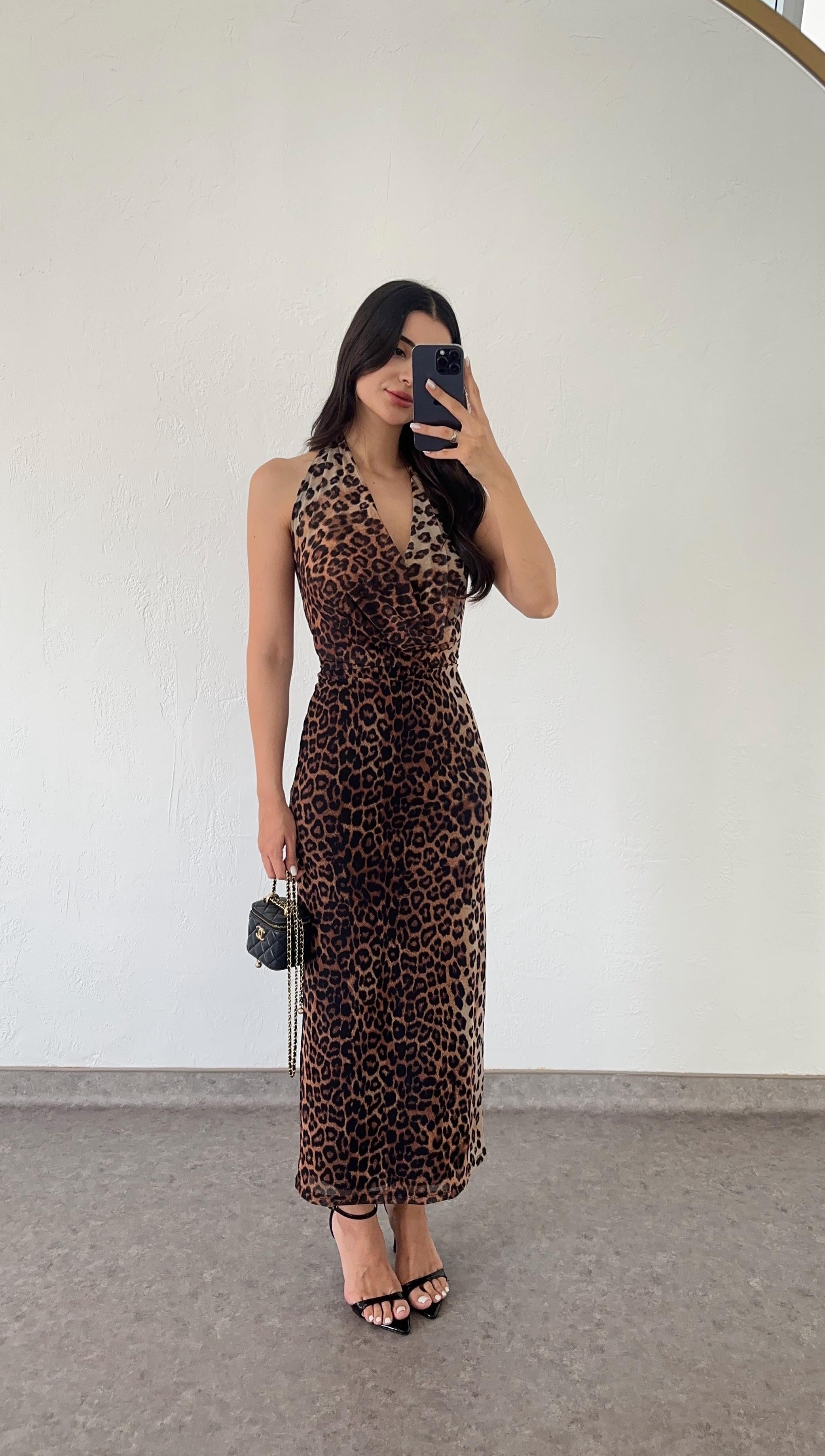 Degaje Yaka Leopar Elbise