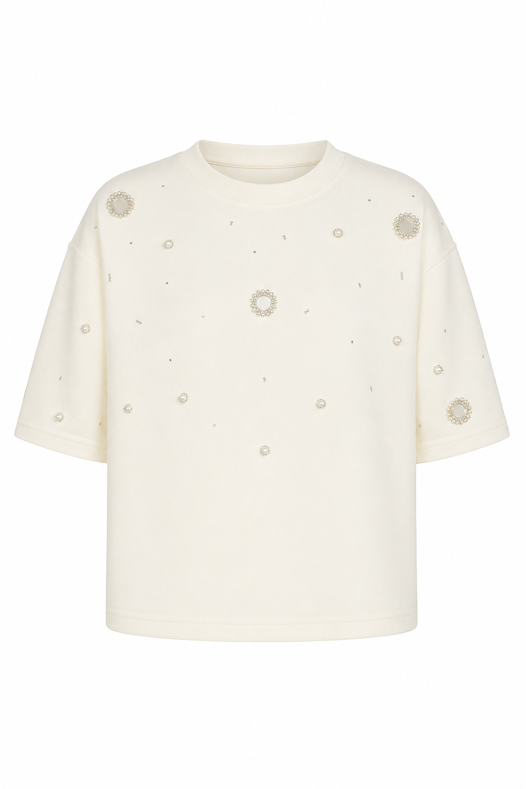 Delikli Taşlı Ekru Tshirt