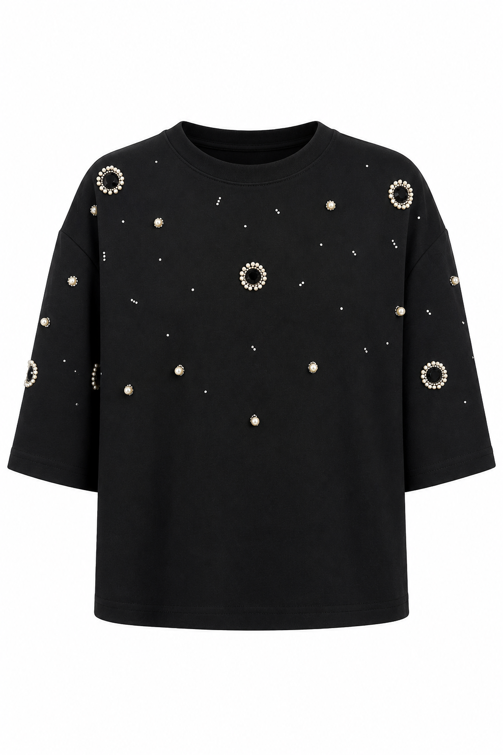 Delikli Taşlı Siyah Tshirt