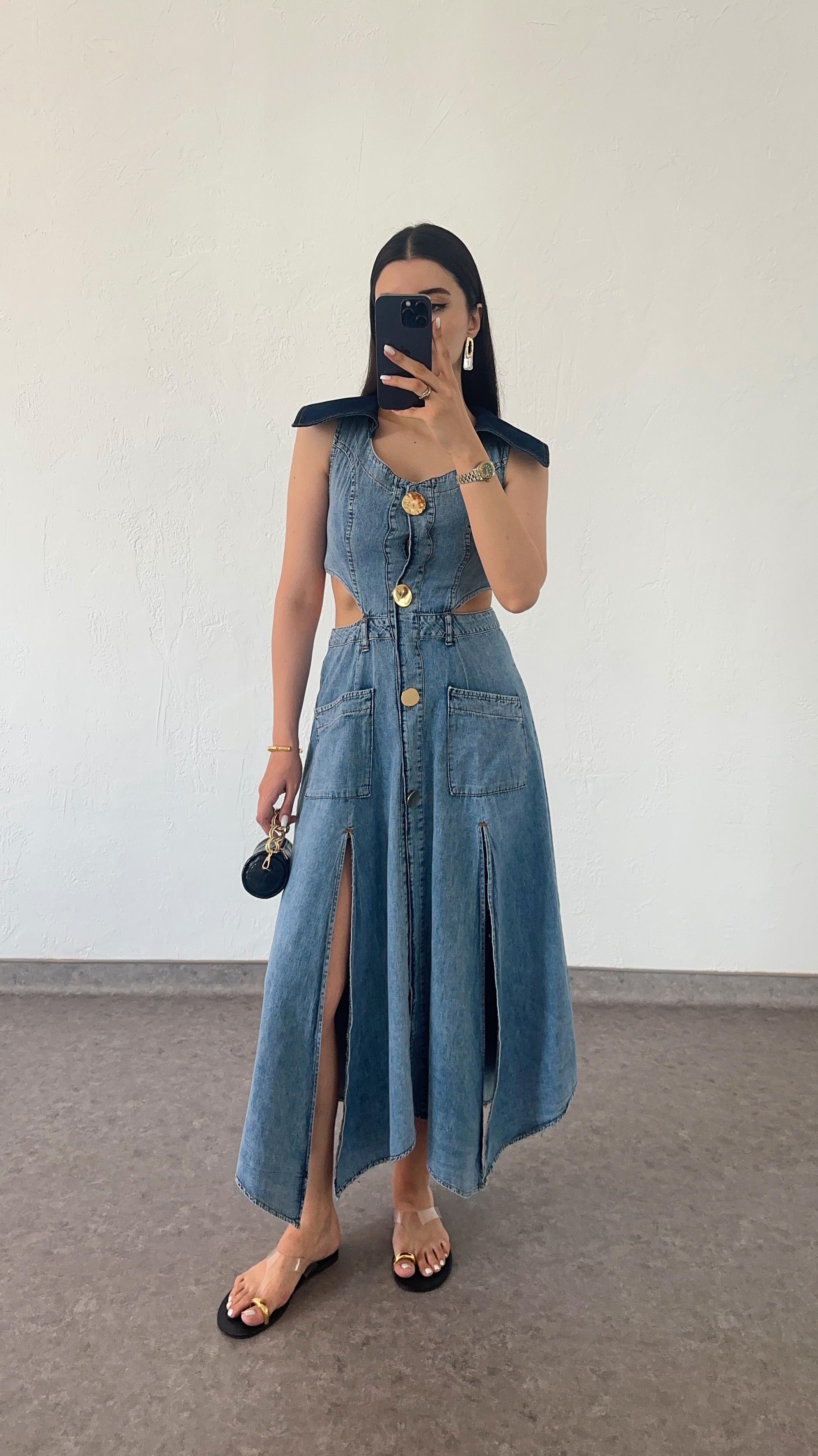 Denim Düğmeli Elbise