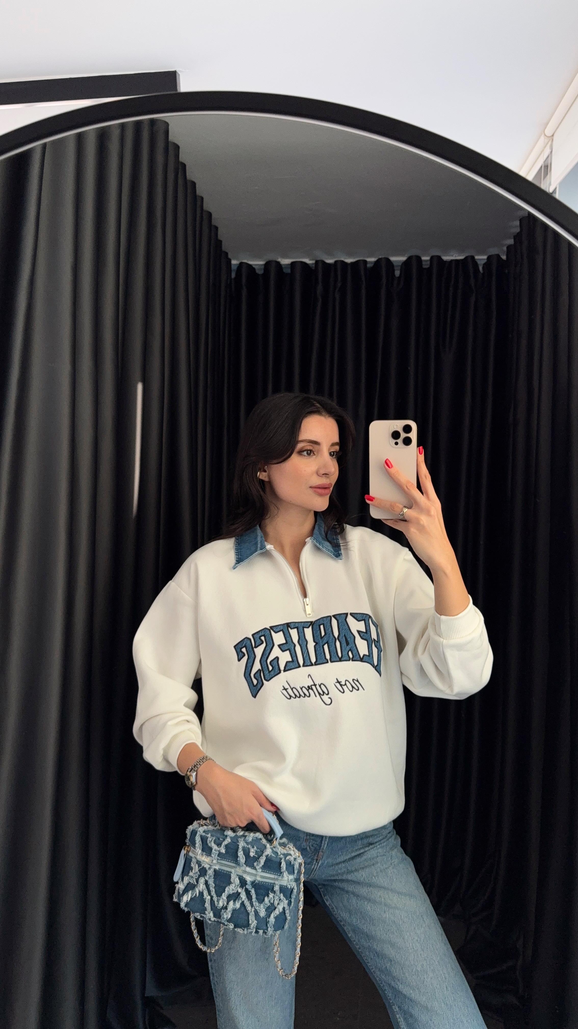 Denim Garnili Beyaz Sweat