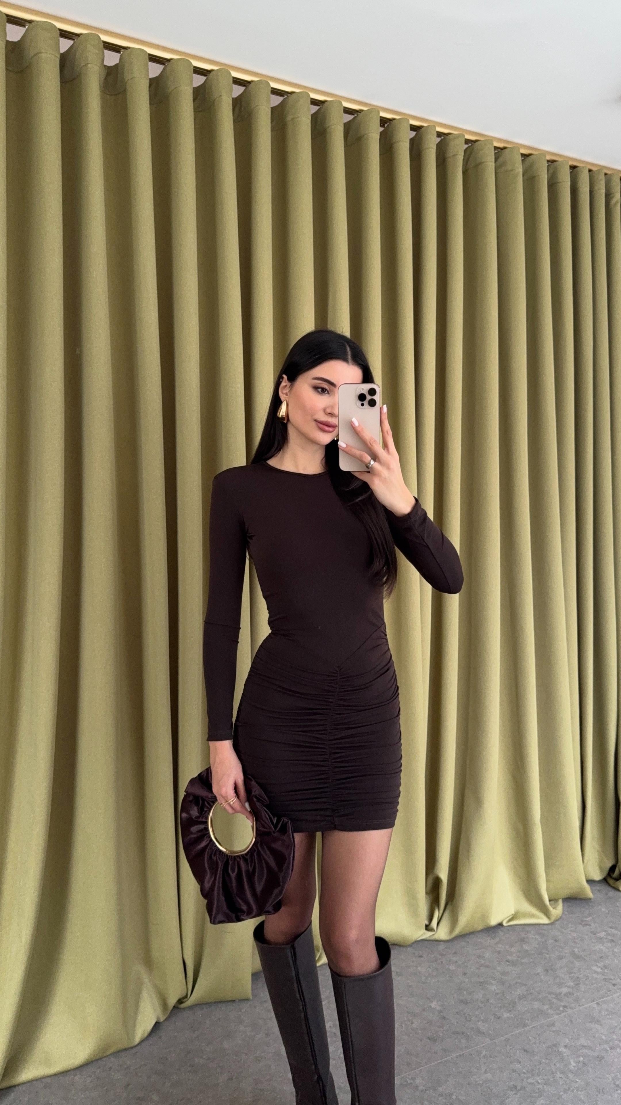 Drapeli Acı Kahve Elbise