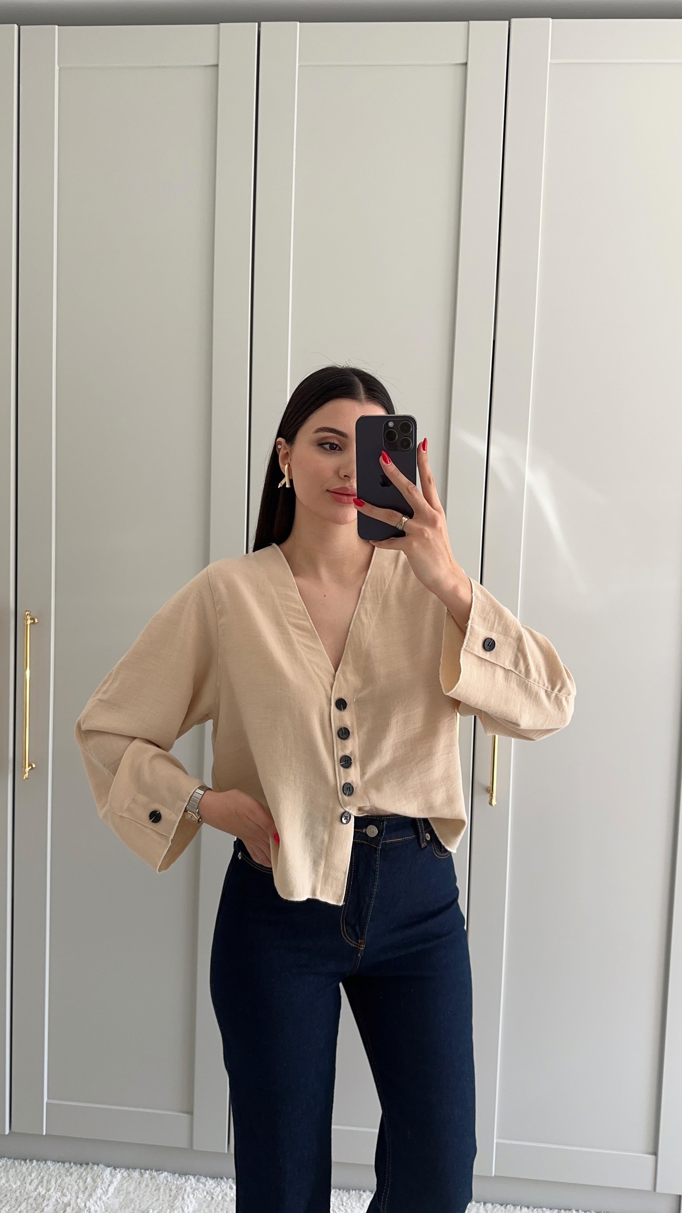 Düğmeli Keten Sütlü Kahve Gömlek