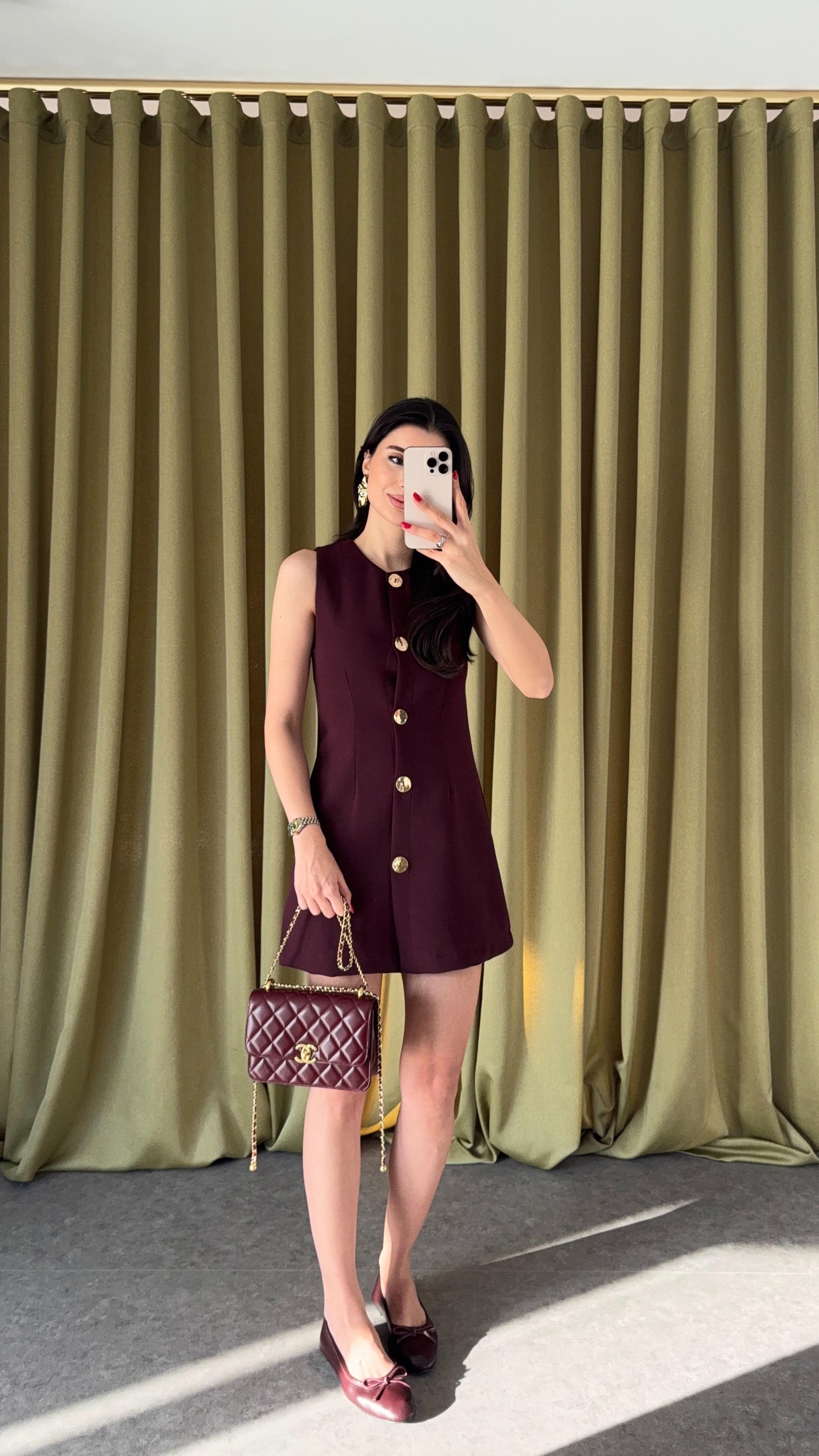 Düğmeli Mürdüm Elbise