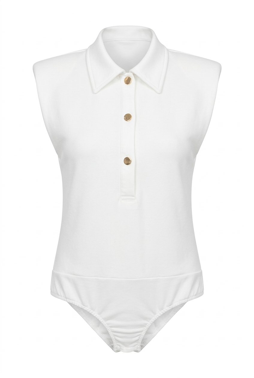Düğmeli Polo Yaka Beyaz Bodysuit