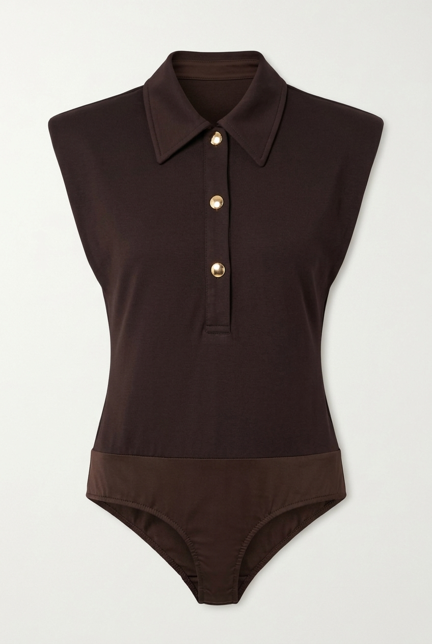 Düğmeli Polo Yaka Kahverengi Bodysuit