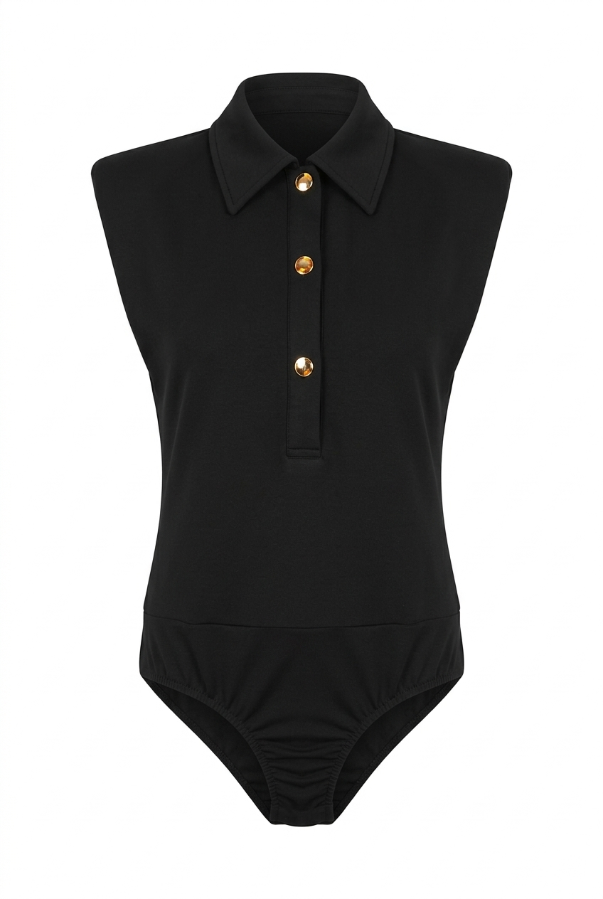 Düğmeli Polo Yaka Siyah Bodysuit